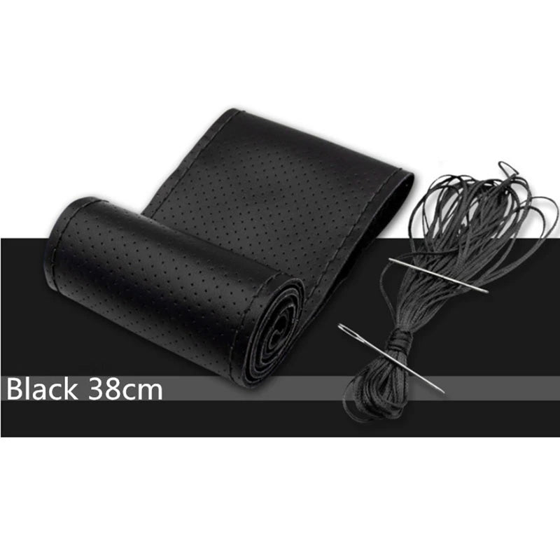 Genuine Leather DIY Car Steering Wheel Cover Anti - slip For Cm Black US - 5 - CJ