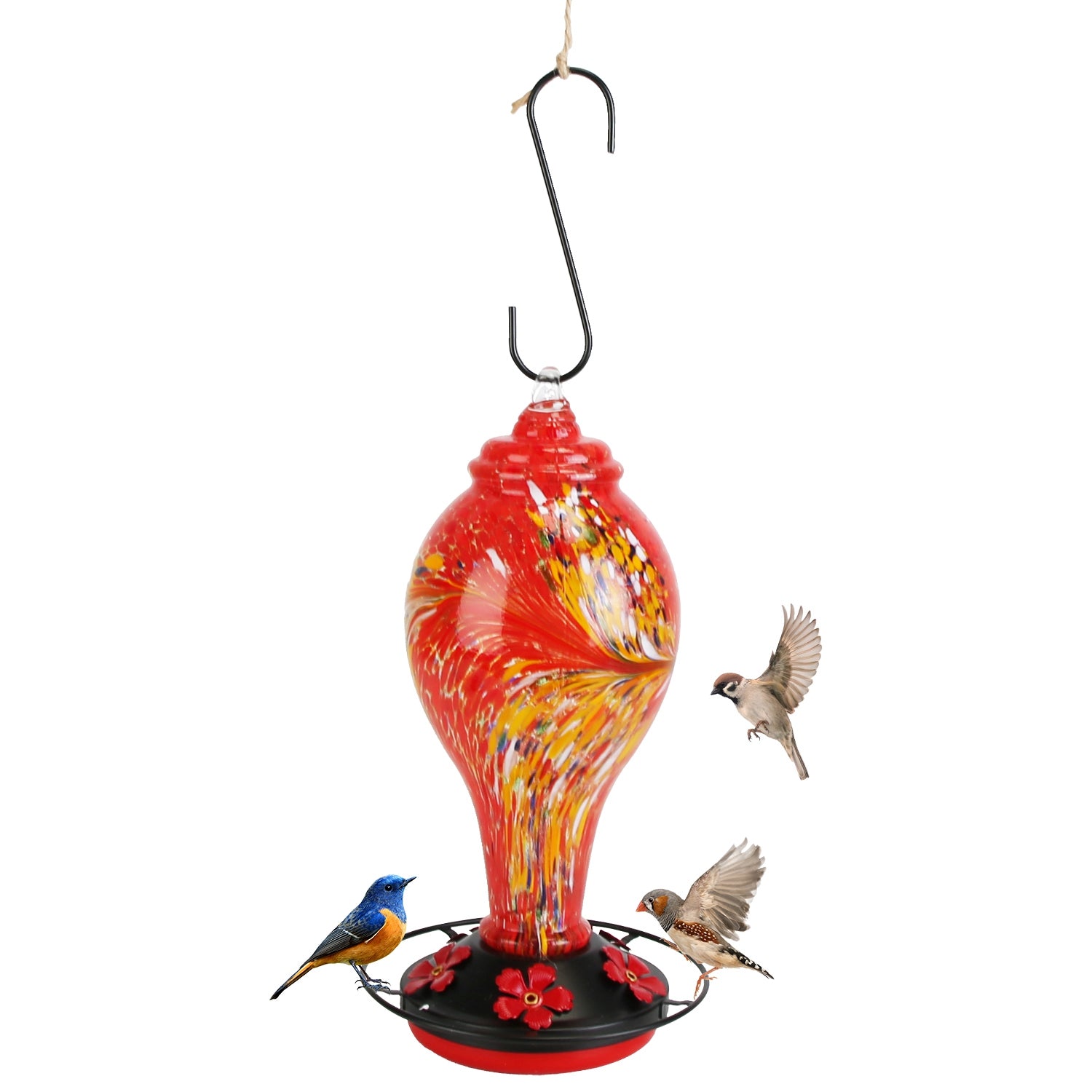1Pc Glass Hummingbird Feeder 33OZ Hand Blown Hummingbird Feeder With 5 Flower Feeding Port Perch Ant Moat Hanging Hook S Hook Hemp Rope Cleaning Brush For Garden Decor - 5 - CJ