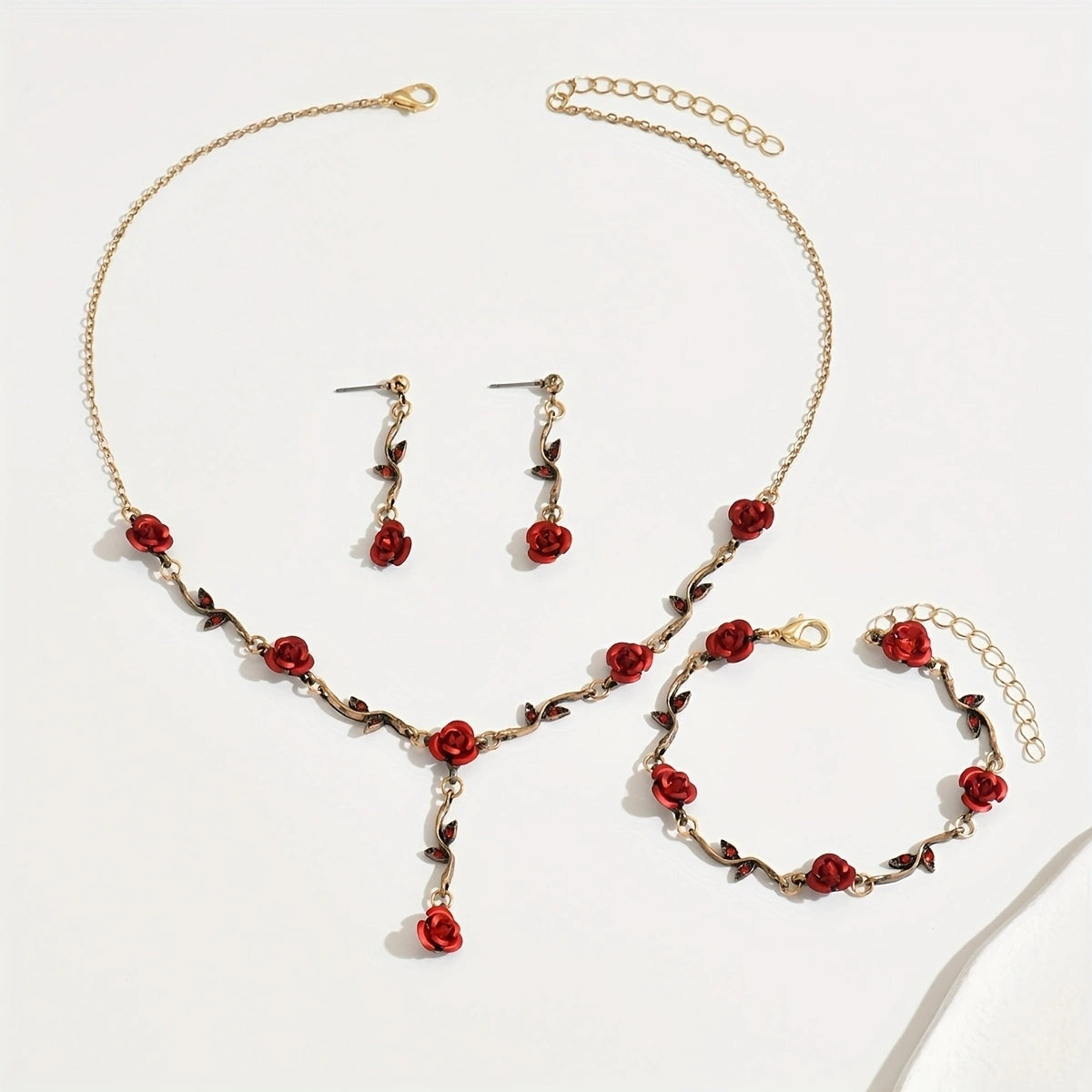 Lxalry Romantic Red Rose Jewelry Set, Handmade Electroplated Necklace Bracelet & Earrings Trio, Bridal Gift For Wedding Elegance & Everyday Romance - 5 - CJ