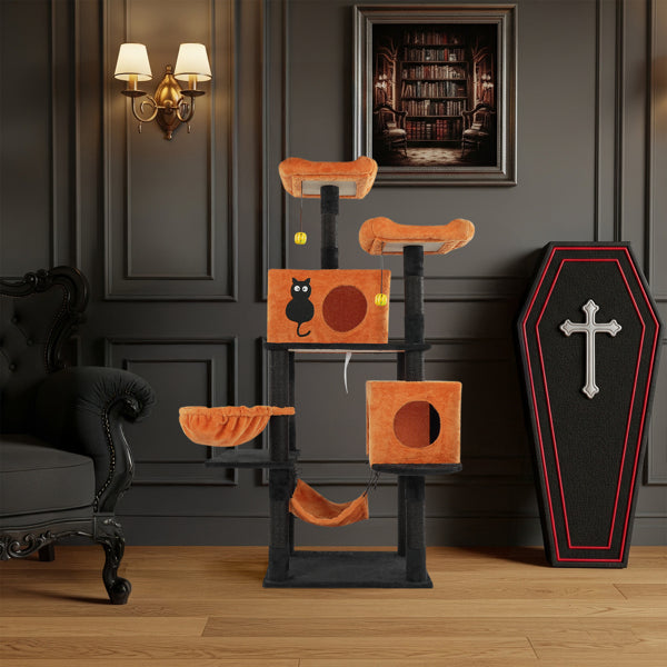 Halloween Cat Tree, Large Cat Tower With 2 Spacious Cat Condos, 2 Padded Perches, 2 Hammocks, Scratching Posts, Hanging Toy, Multi - Level Cat Activities Furniture For Large Cats, Orange & Black - 5 - CJ