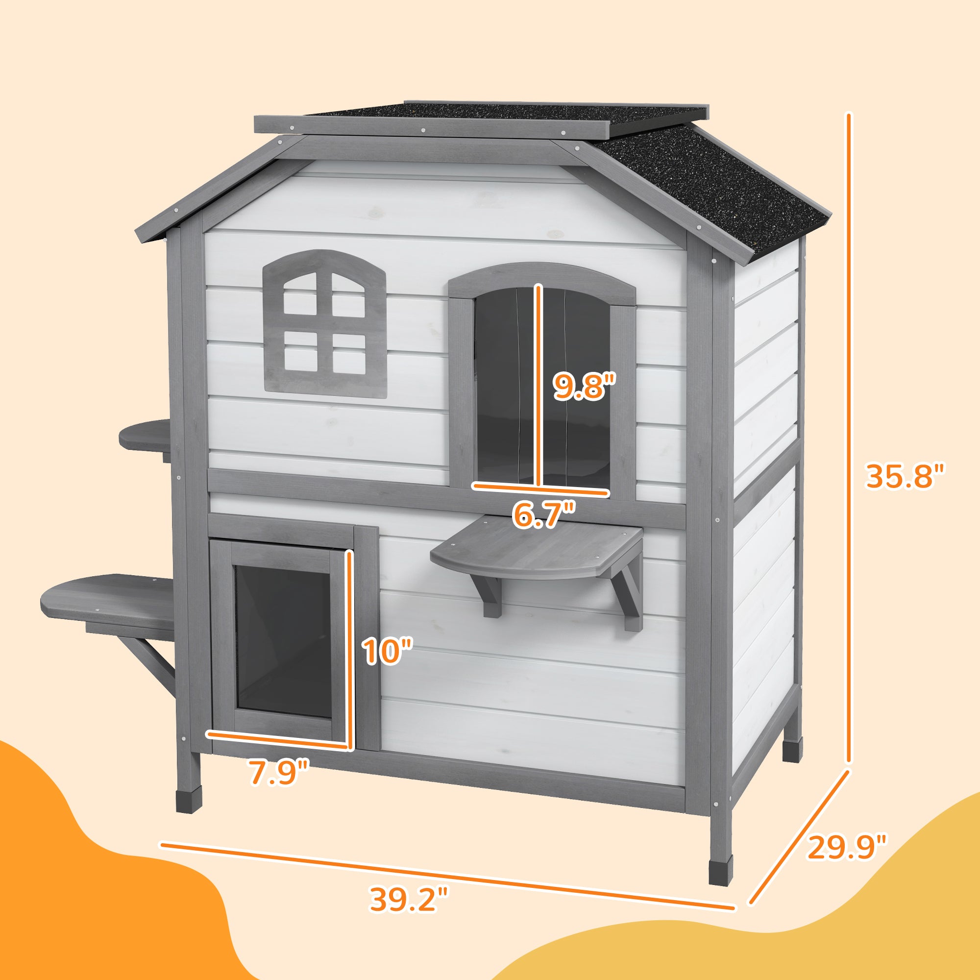 2 - story Cat House Outdoor, Weatherproof Wooden Cat Enclosure for Feral Cats with Escape Door, Openable Roof, Jumping Platforms, White - 5 - CJ