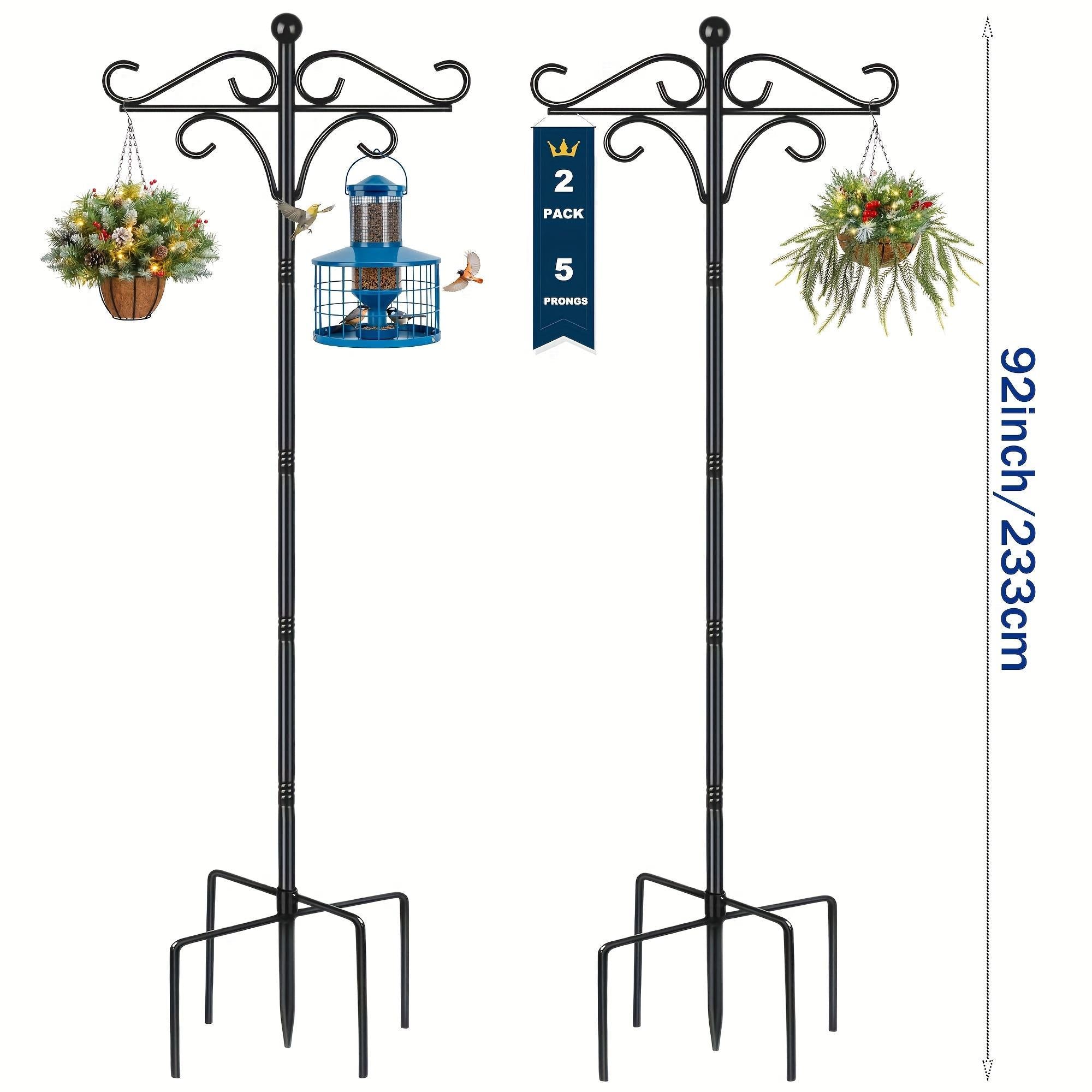 Two Heavy Duty 76 Inch Outdoor Metal Shepherd's Hooks Traditional Double Bird Feeder Pole With Five Finger Adjustable Plant Hooks Suitable For Garden And Wedding Decoration Suitable For Bird Feeders P - 5 - CJ