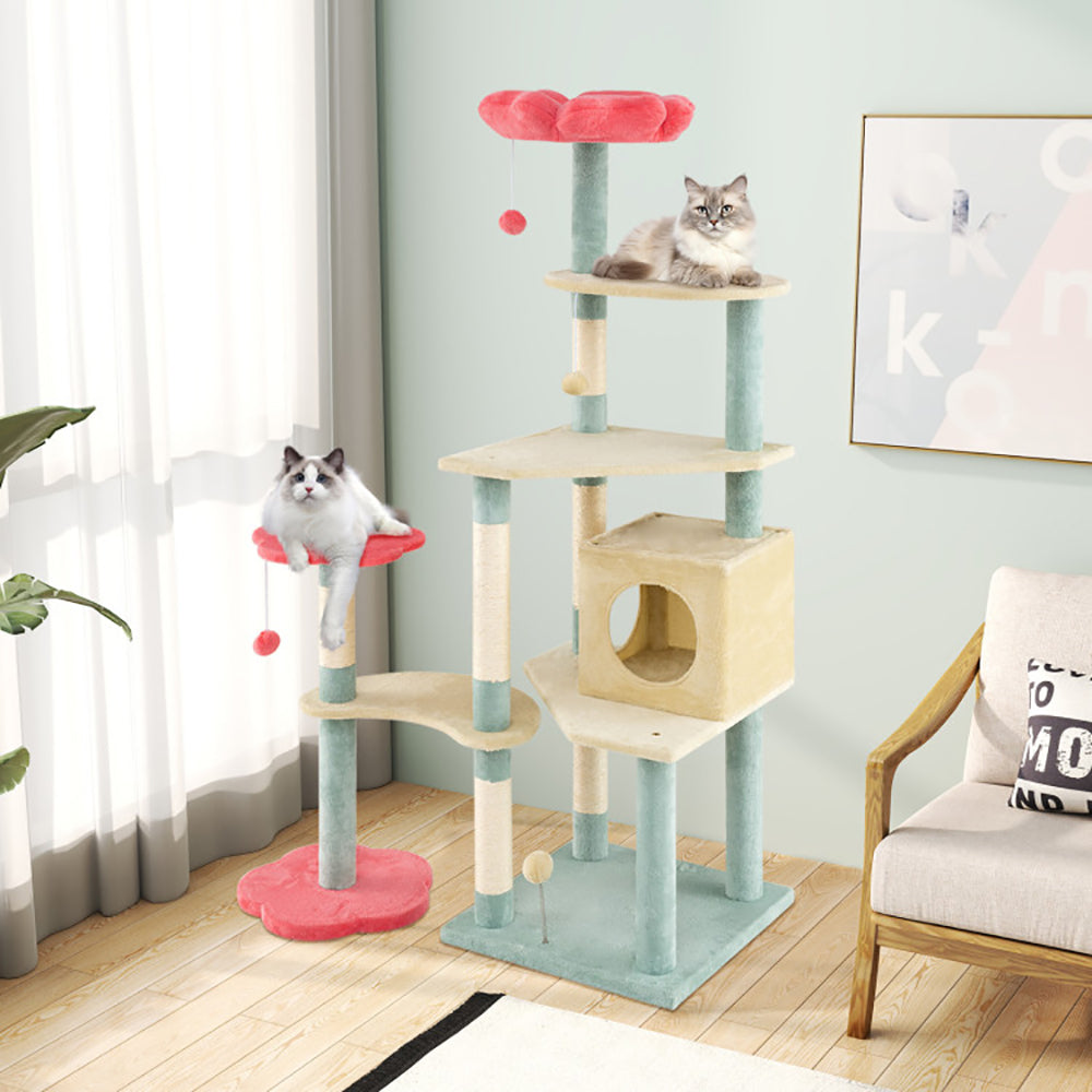 61 Inch Multi - Level Aesthetic Floral Kitten Tower With Flower - Shaped Padded Perch - 5 - cjdroshippping