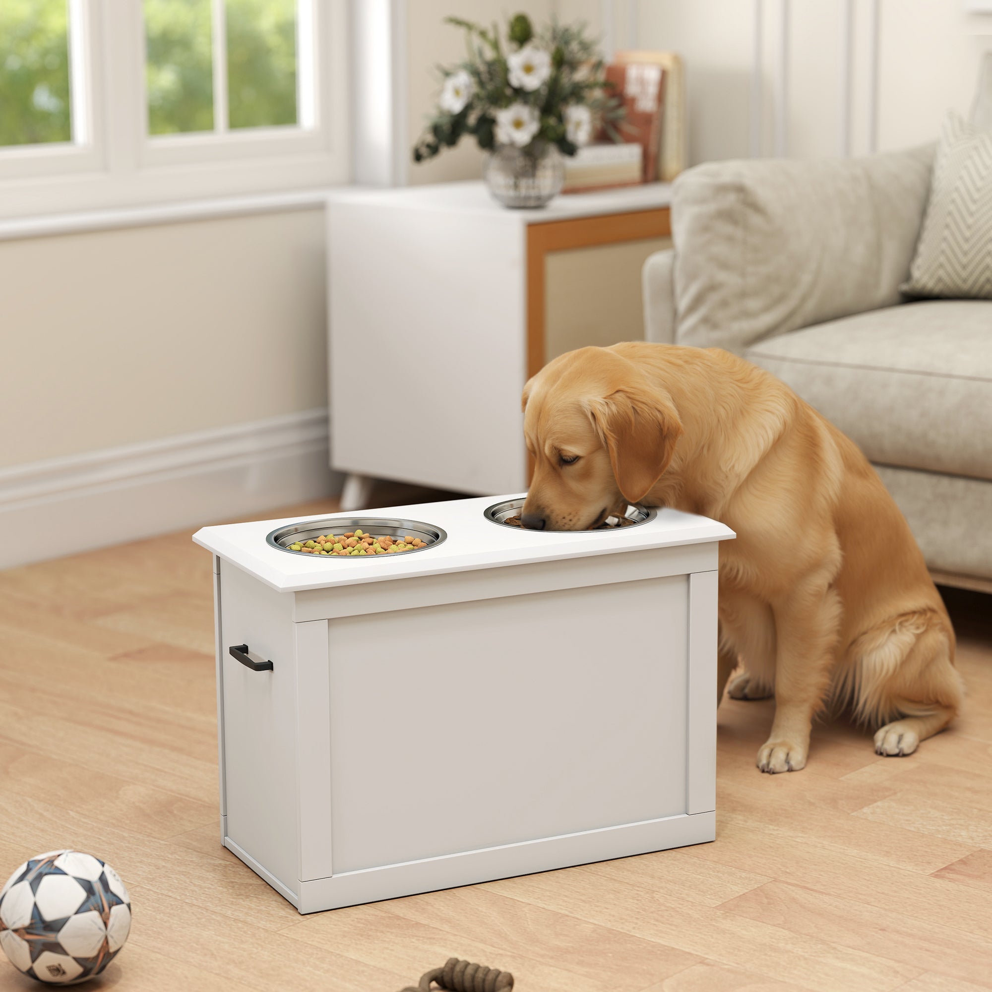 Raised Pet Feeding Storage Station with 2 Stainless Steel Bowls Base for Large Dogs and Other Large Pets, White - 5 - CJ