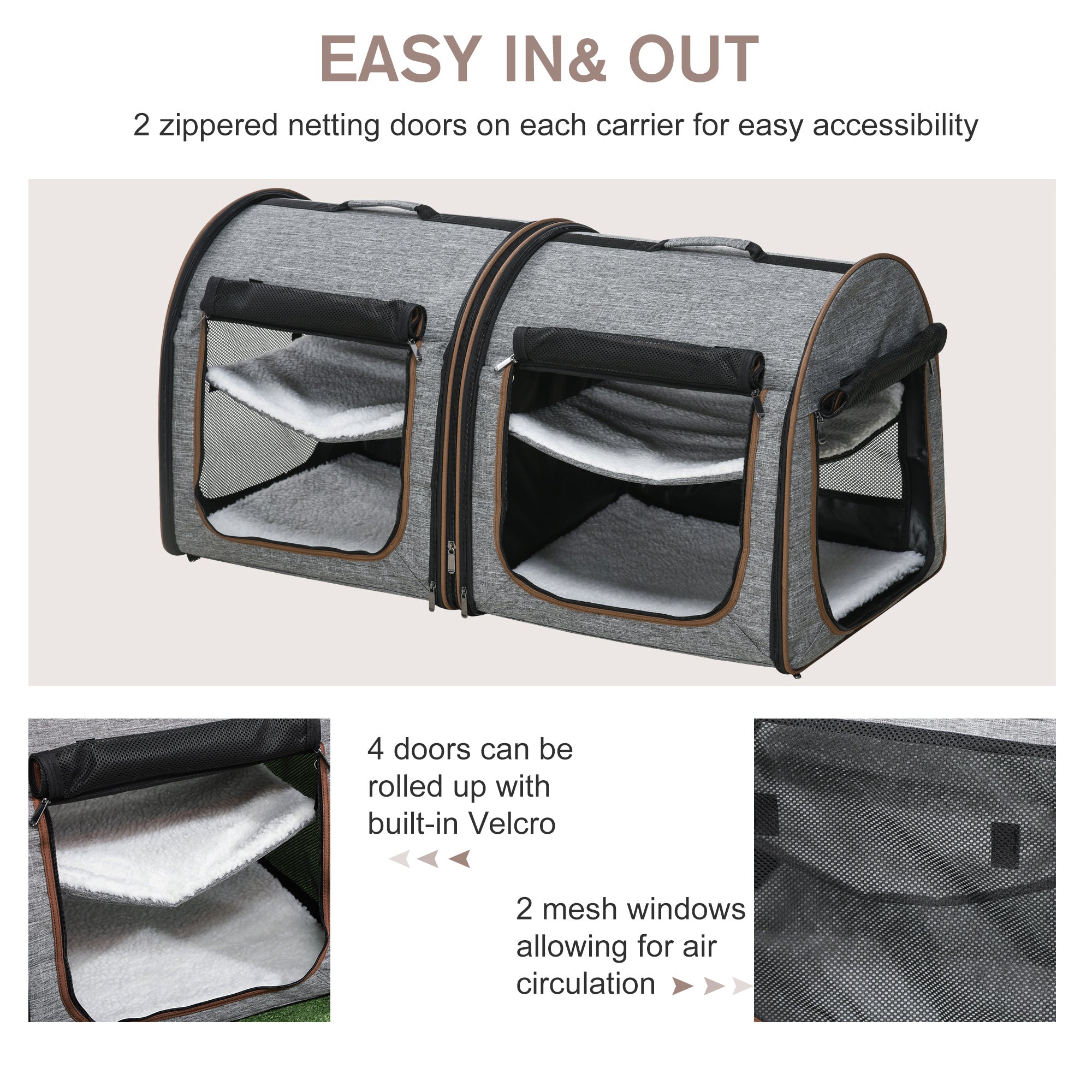 Portable Soft - sided Pet Cat Carrier With Divider, Two Compartments, Padded And Storage Bag, Grey - 5 - CJ