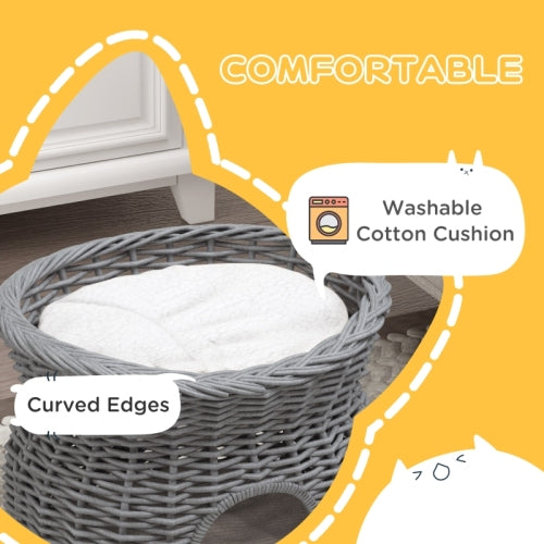 PawHut 2 - Tier Wicker Cat House Elevated Pet Bed Basket Willow Kitten Tower Pet Den. With Washable Cushions 56x37x40cm Grey - 5 - CJ