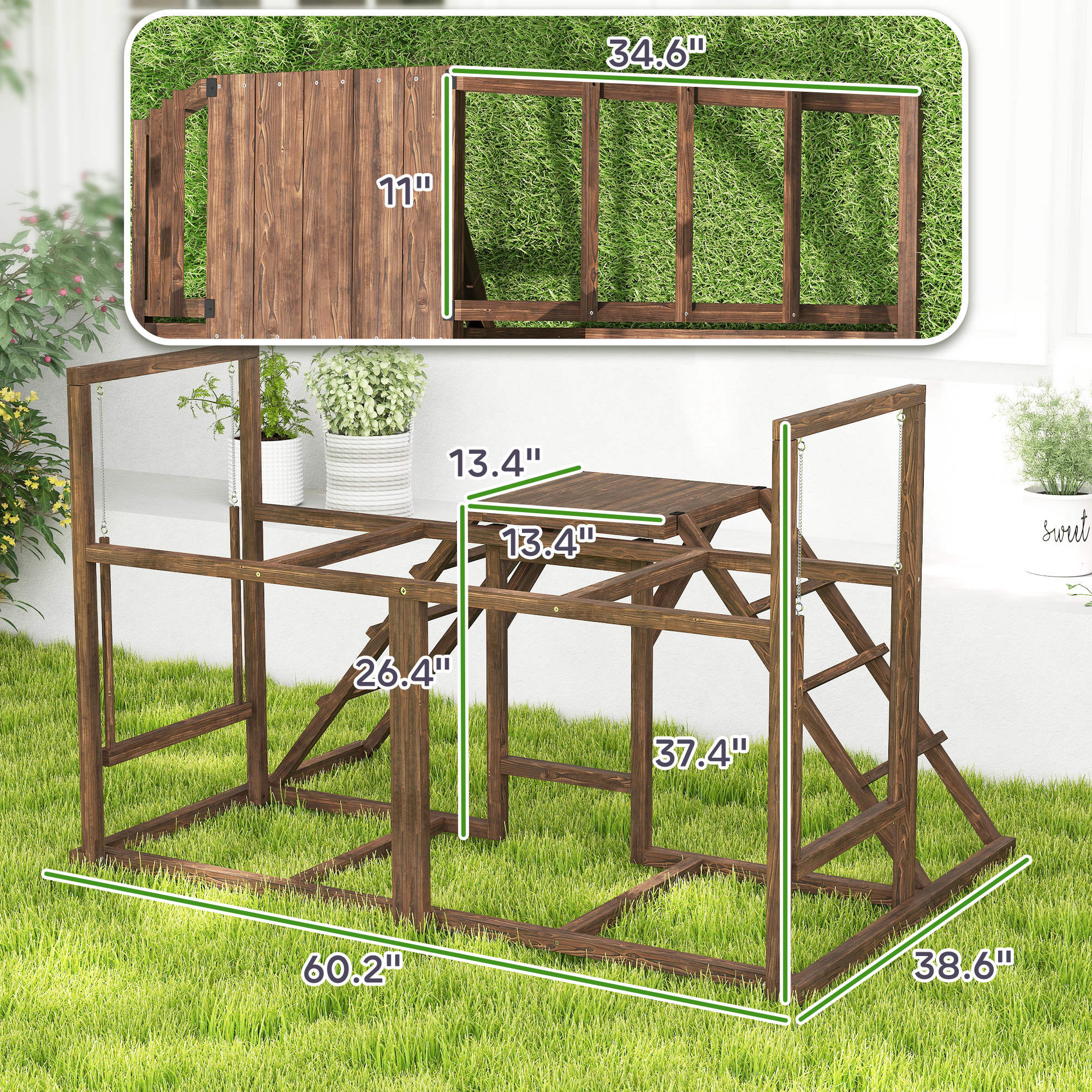 Chicken Activity Play Set With Multiple Chicken Perches, Swing, Ladder, Platform For 3 - 4 Chickens, Coffee - 5 - CJ