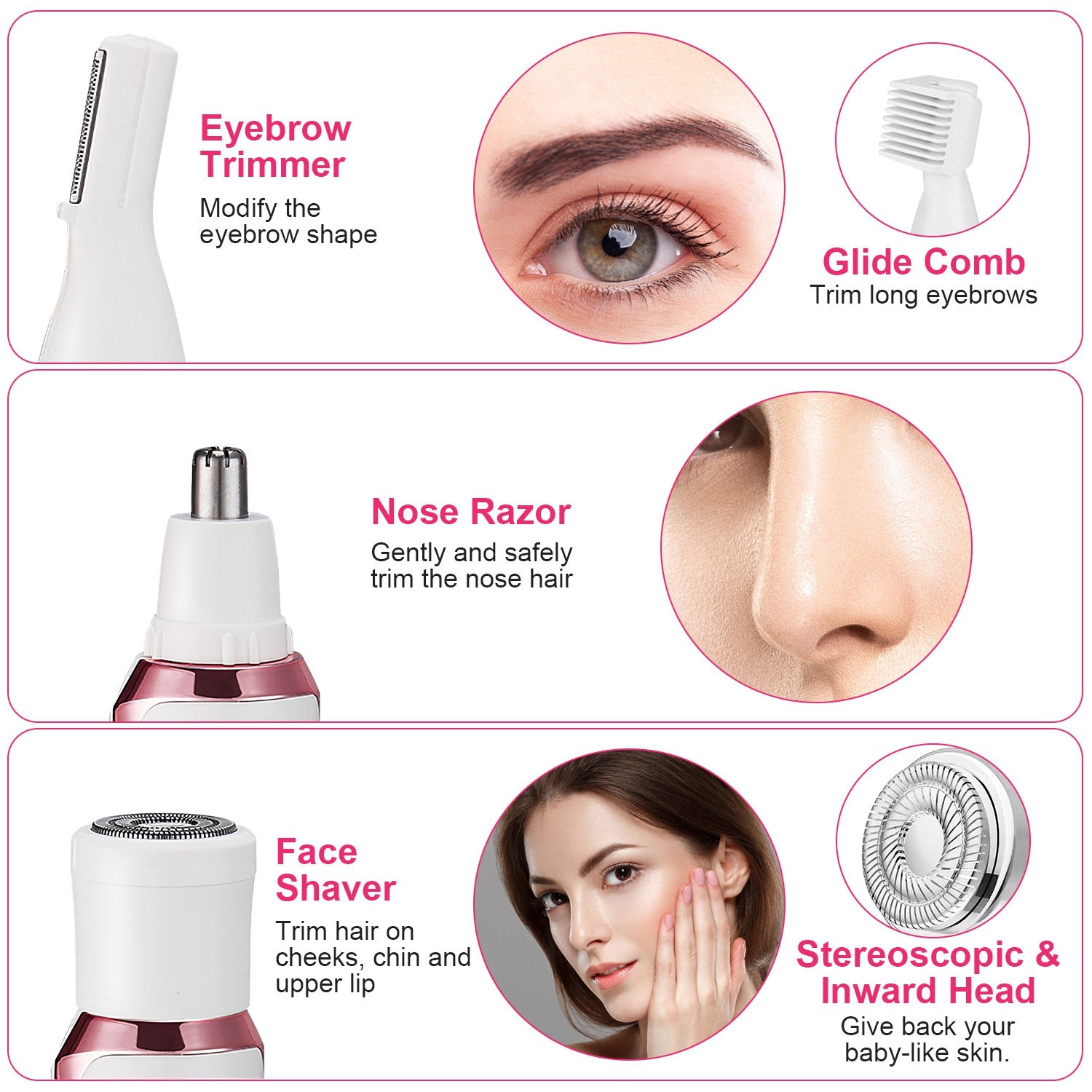 1Pc 4 In 1 Electric Razor For Women Painless Grooming Kit Rechargeable Eyebrow Nose Hair Pubic Hair Bikini Trimmer Face Shaver - 5 - cjdropshipping