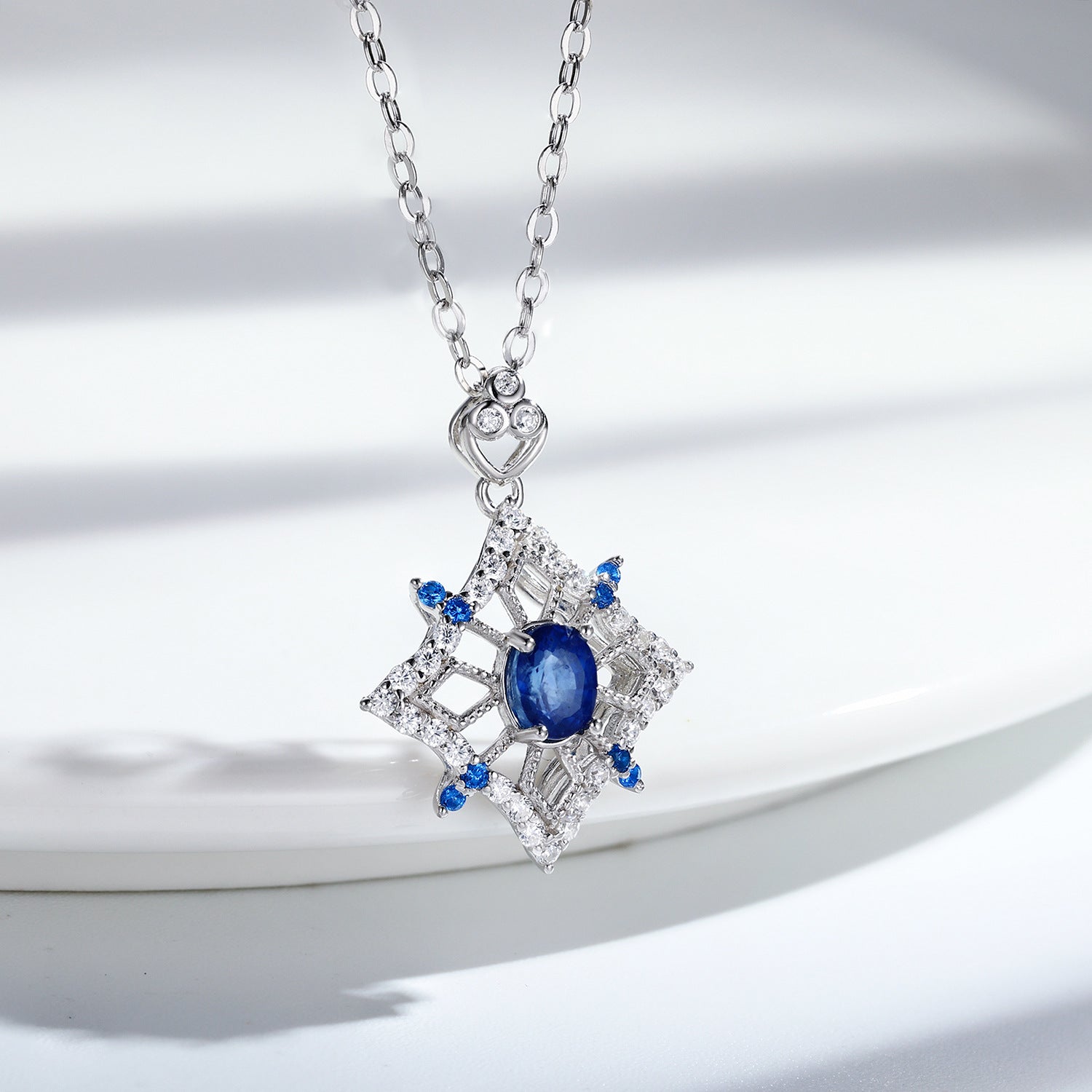 S925 Silver Set Natural Sapphire Necklace Female Hollow Diamond Pendant - 4 - CJ