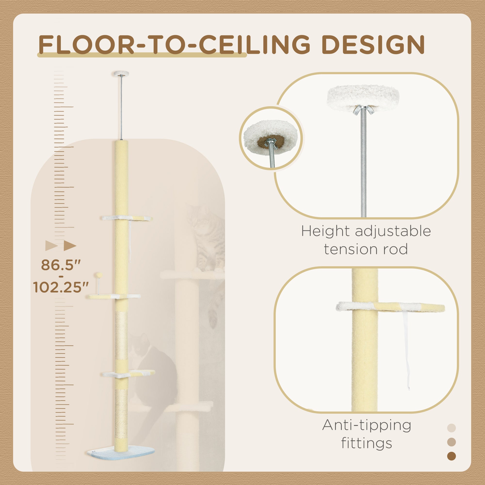 4 - Tier Floor to Ceiling Cat Tree Height Adjustable 87 - 103 Inch - 5 - CJ