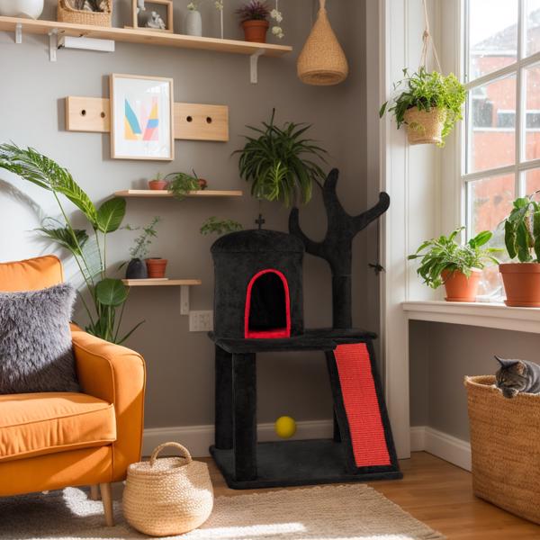 Gothic Cat Tree, Halloween Cat Tower Cat Tree With Spacious Cat Condo, Brach Shaped Scratching Post, Scratching Ladder, Spider Toy For Indoor Cats, Red & Black - 5 - cjdroshippping