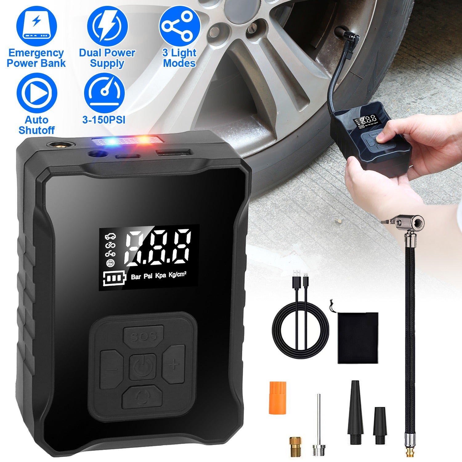 1Pc 150PSI Cordless Tire Inflator Digital Air Compressor With LED Light Emergency Power Bank For Cars Motorcycles Bicycles Balls - 5 - cjdropshipping