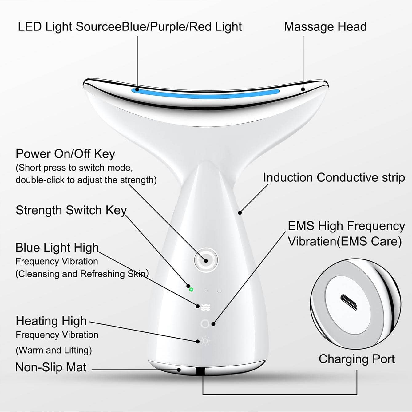 Face And Neck Tightening Device, Firm And Tightens Sagging Skin Face Neck Massager, Beauty Facial Massager For Women And Men - White - 5 - CJ