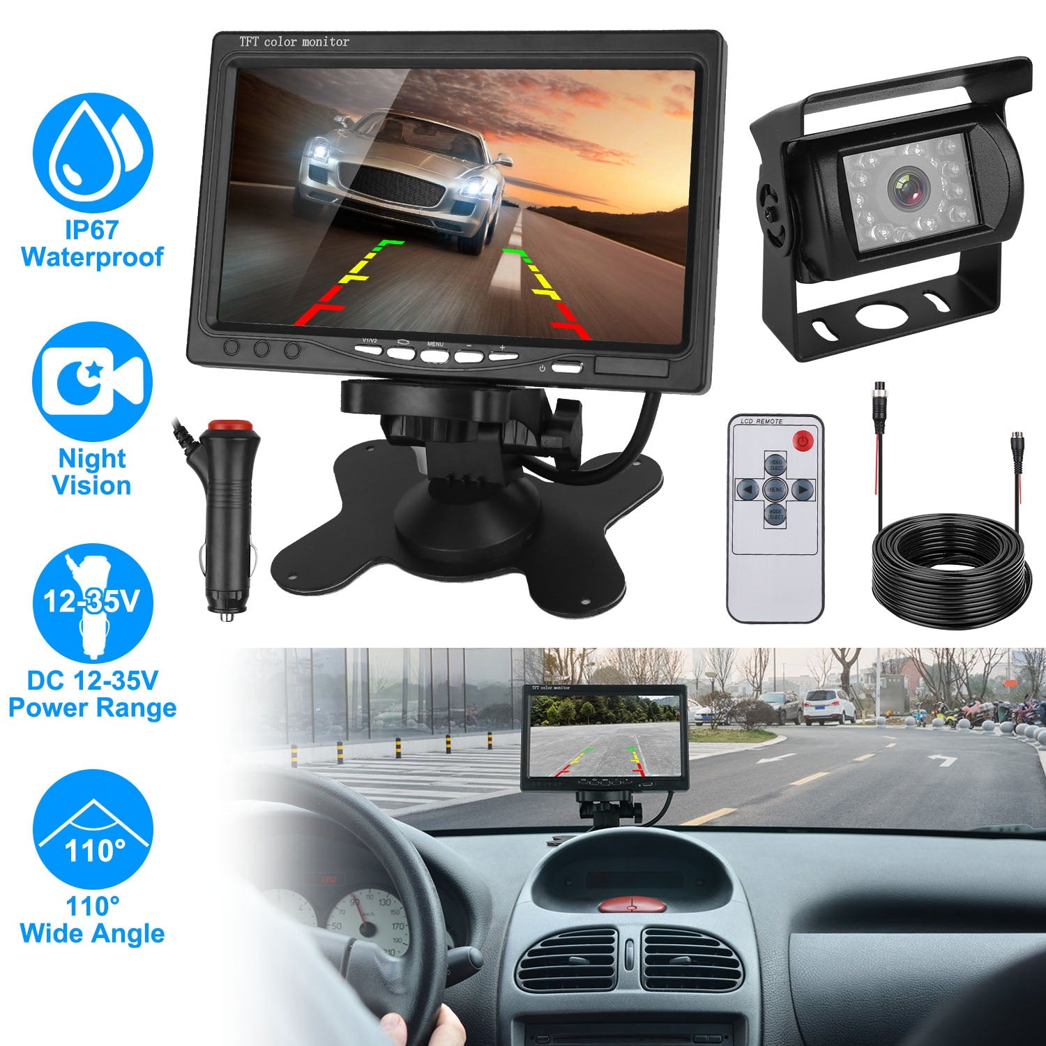 1Pc 7In Screen Backup Camera System Vehicle Rear View Monitor Kit IP67 Waterproof Car Parking Reverse System With Night Vision For Car Trunk Van SUV - 5 - cjdropshipping