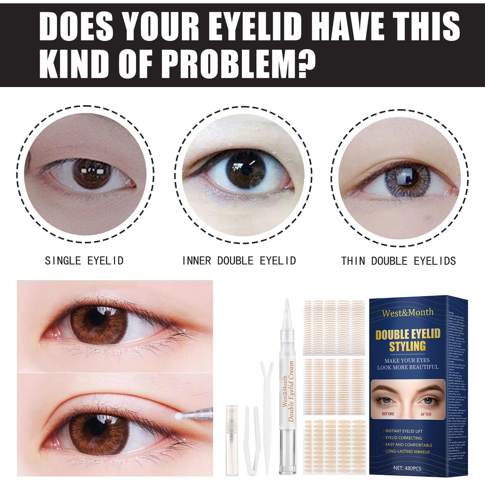West&Month Double Eyelid Tape - Invisible, No - Glue, Natural Mesh Adhesive, Activates With Water, Beautiful Eyes, Olive Shaped Lace - 5 - CJ