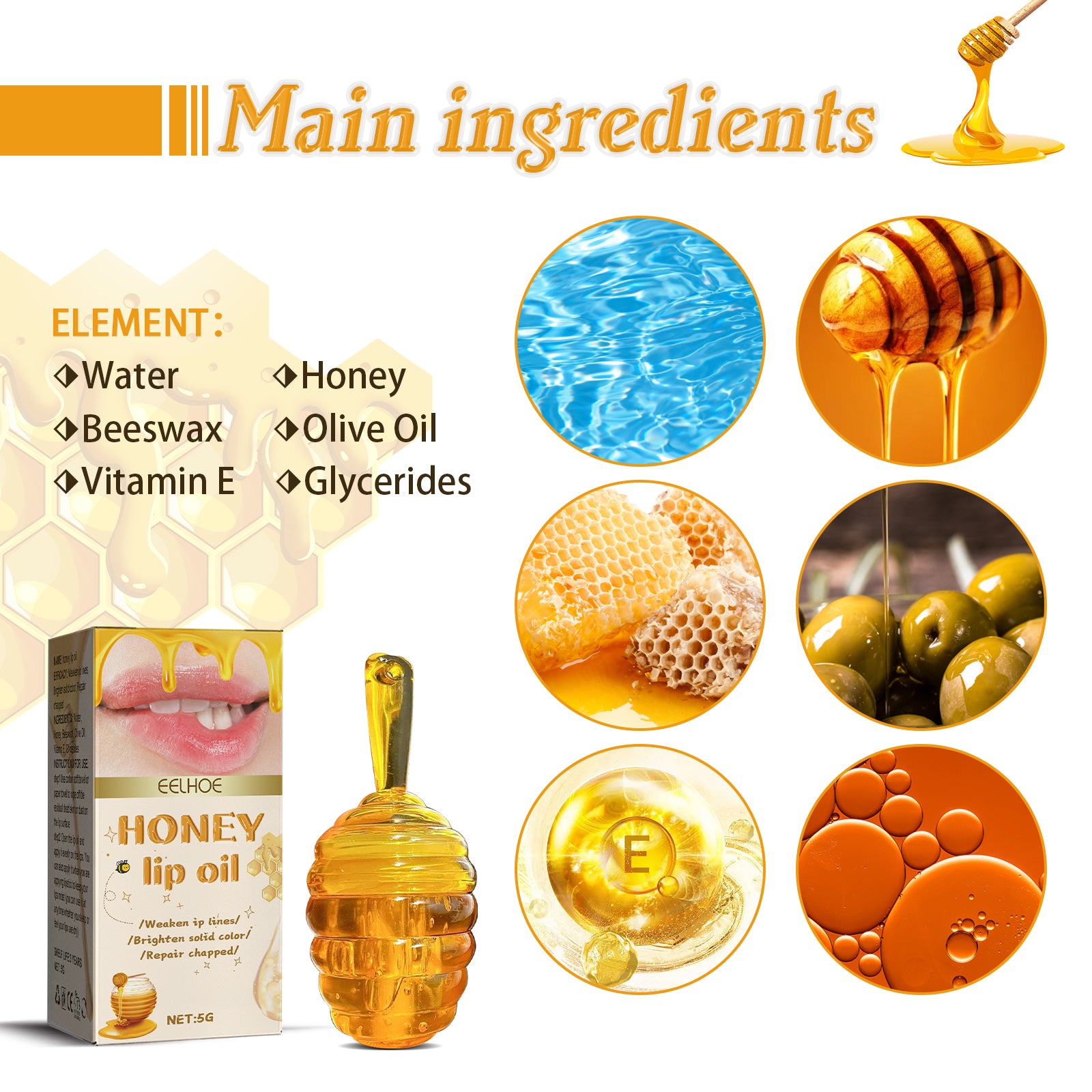 EELHOE Honey Lip Oil, Reduces Lip Lines, Prevents Cracking And Peeling, Moisturizing Lip Care Oil. - 5.0 - CJ