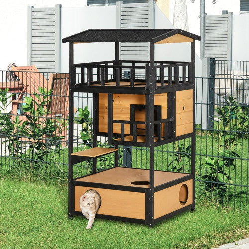 Wooden Outdoor Cat House, Wild Cat Shelter Kitten Tree - 5 - CJ
