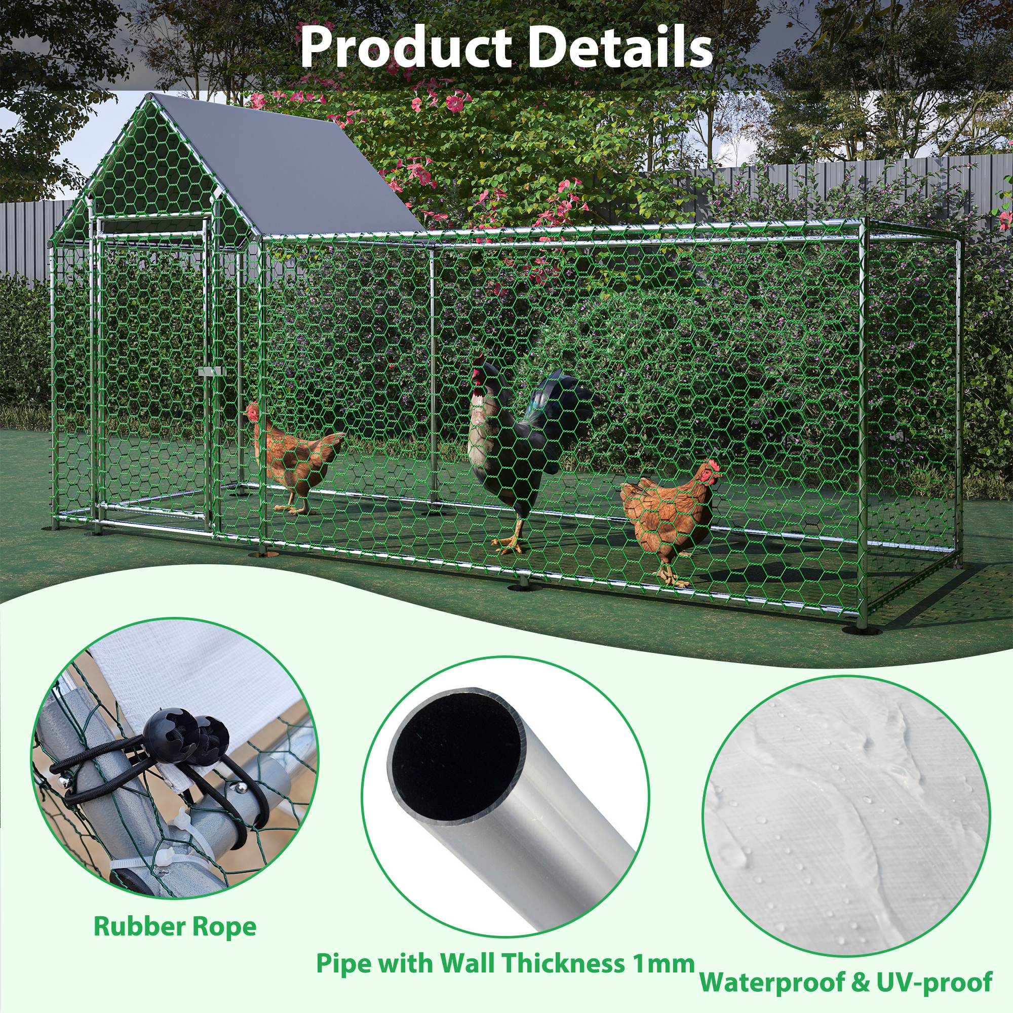 Metal Chicken Coop,Walk - in Chicken Run,Poultry Chicken Hen Pen Cage,Rabbits Duck Cages,With Cover - 5 - CJ