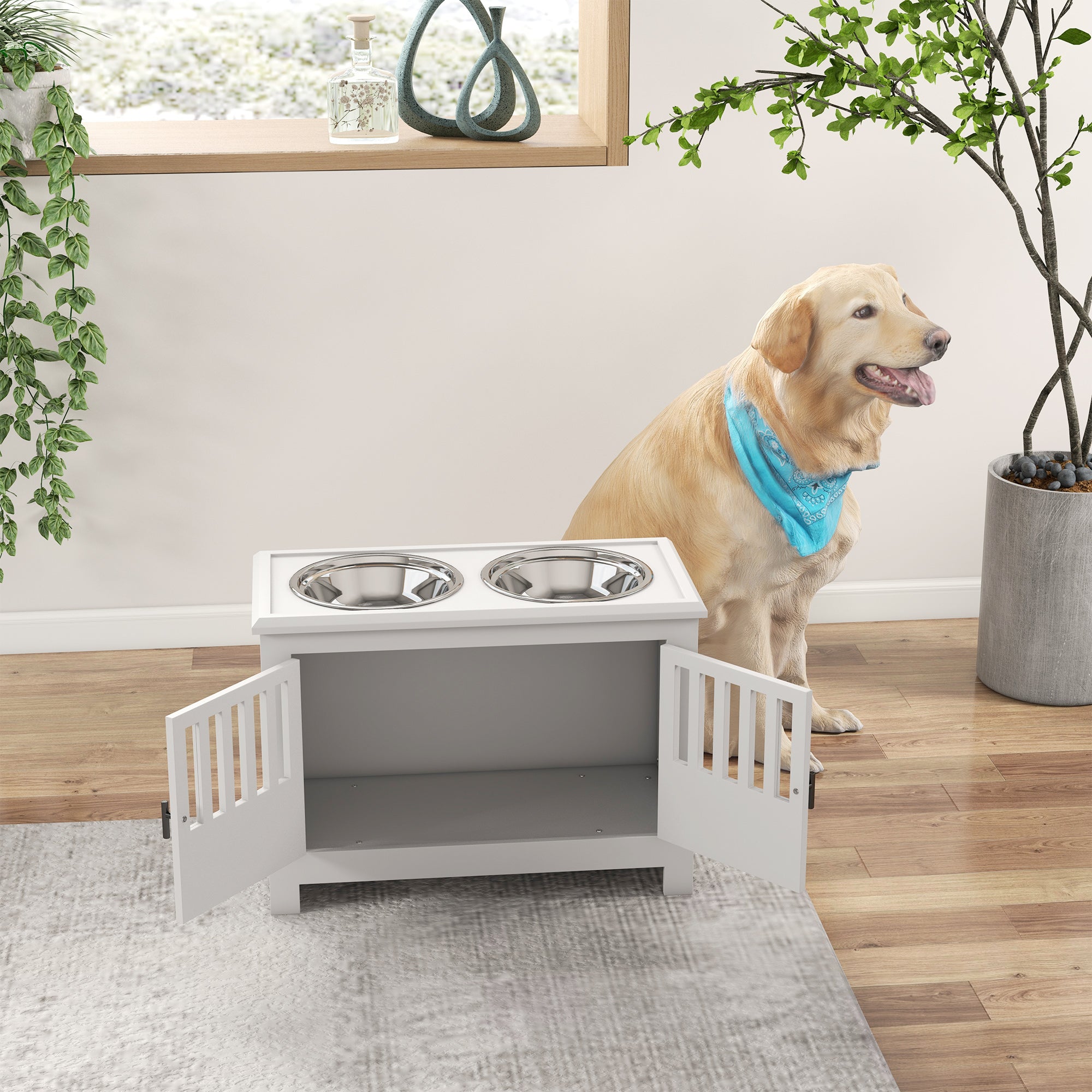 Dog Food Storage Cabinet with Bowls & Dog Feeding Station, White - 5 - CJ