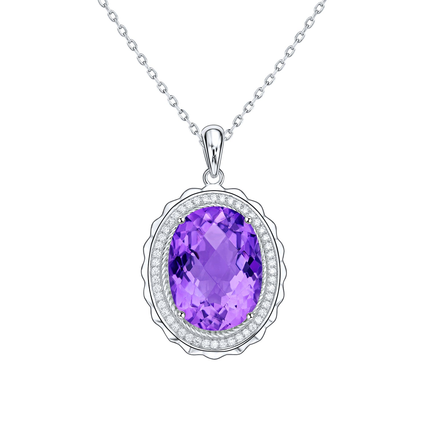 Luxury Style Necklace S925 Silver Set Oval Natural Amethyst Pendant - 4 - CJ