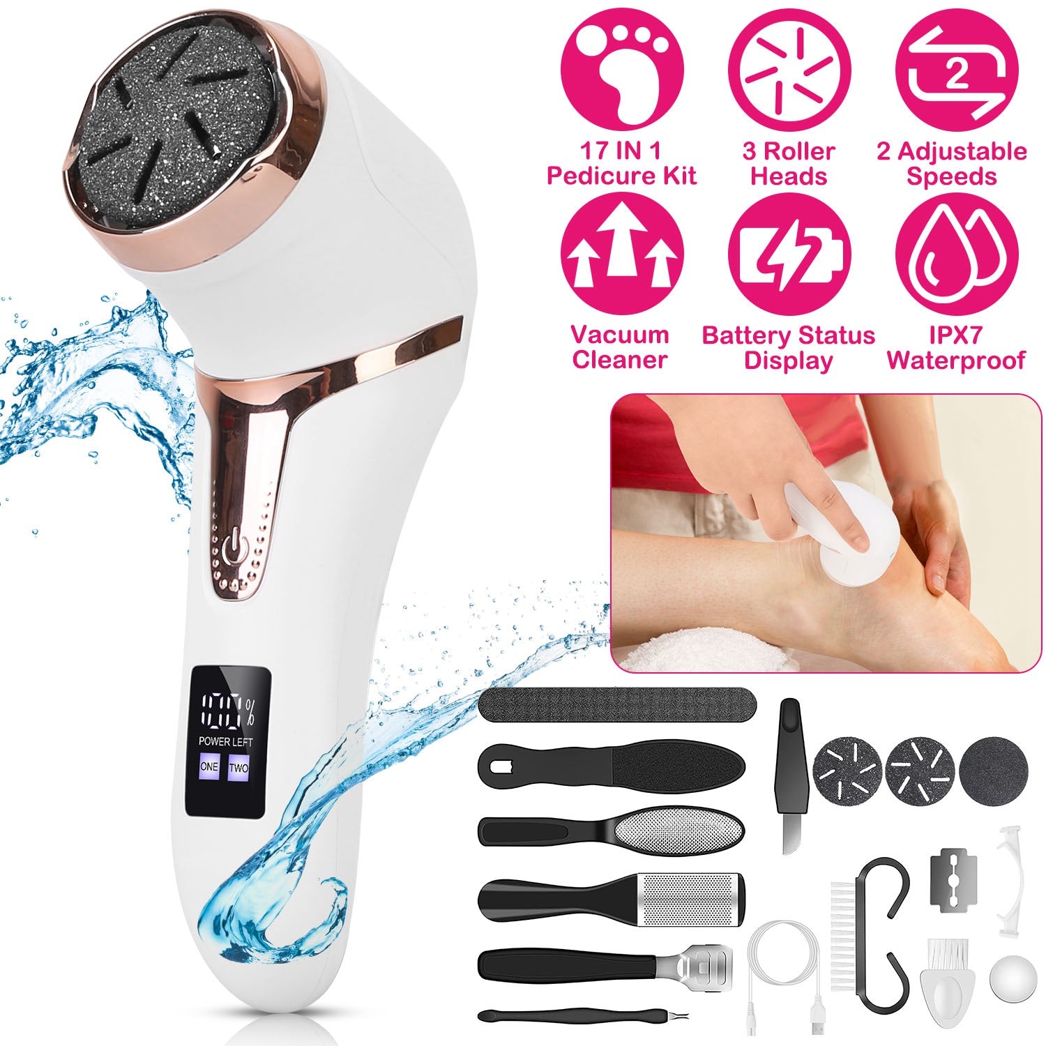 17Pcs Electric Foot Callus Remover With Vacuum Foot Grinder Rechargeable Foot File Dead Skin Pedicure Machine With 3 Grinding Heads 2 Speeds Foot Care Tool - 5 - CJ