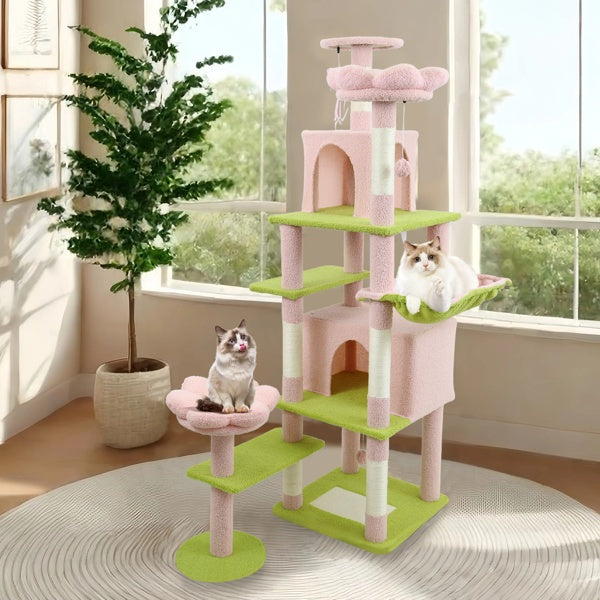 71 Inch Flower Cat Tree With Large Condo Removable Flower Cushion And Hammock Pink - 5 - CJ