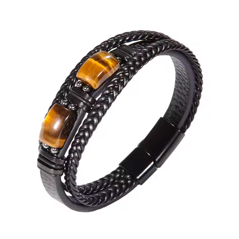 Natural Tiger Eye Stone Bracelet Healing Tiger Eye Quartz Leather Braided Gift - 5 - CJ