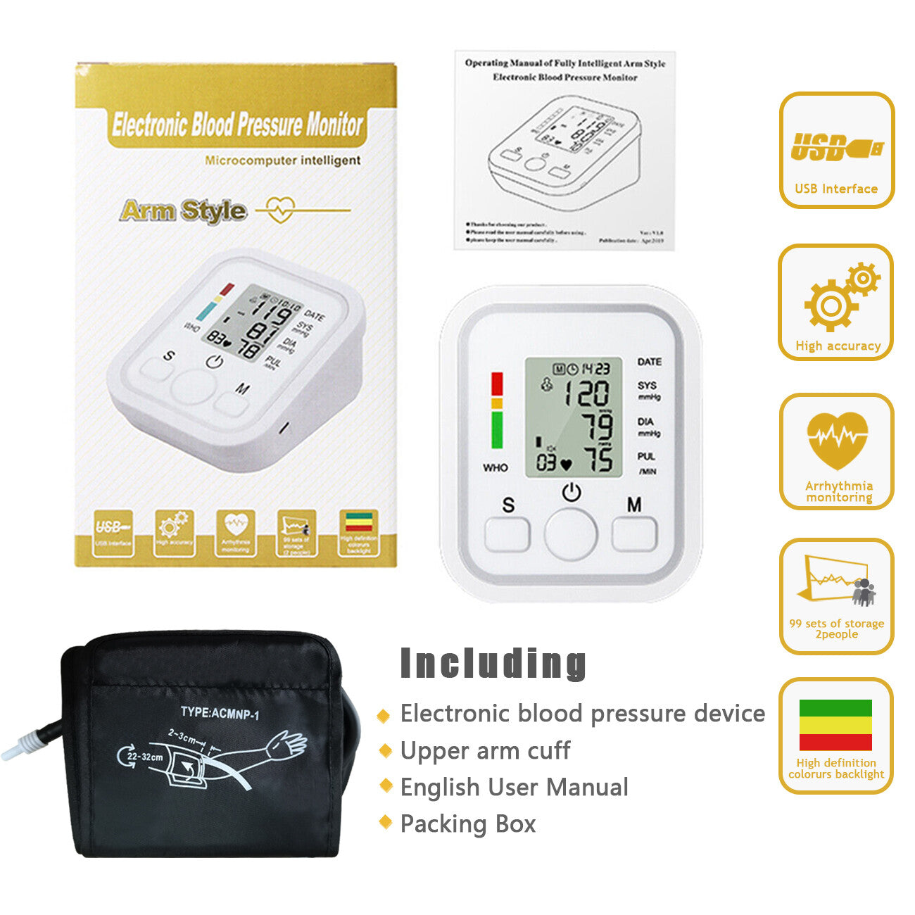 Automatic Upper Arm Blood Pressure Monitor Pulse Meter BP Machine Voice Talking - 5 - CJ