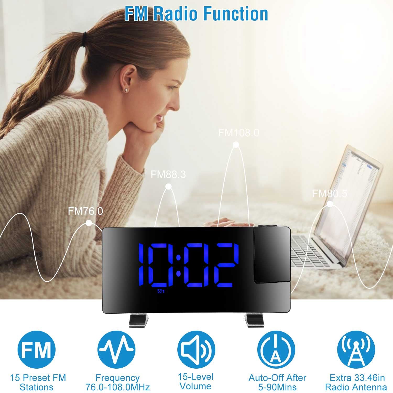 1Pc Projection Alarm Clock With Radio Function Curved Screen LED Digital Alarm Clock With Dual Alarms 4 Dimmer 12 - 24 Hour USB Charging Port 180Degree Rotatable Projection - 5 - CJ