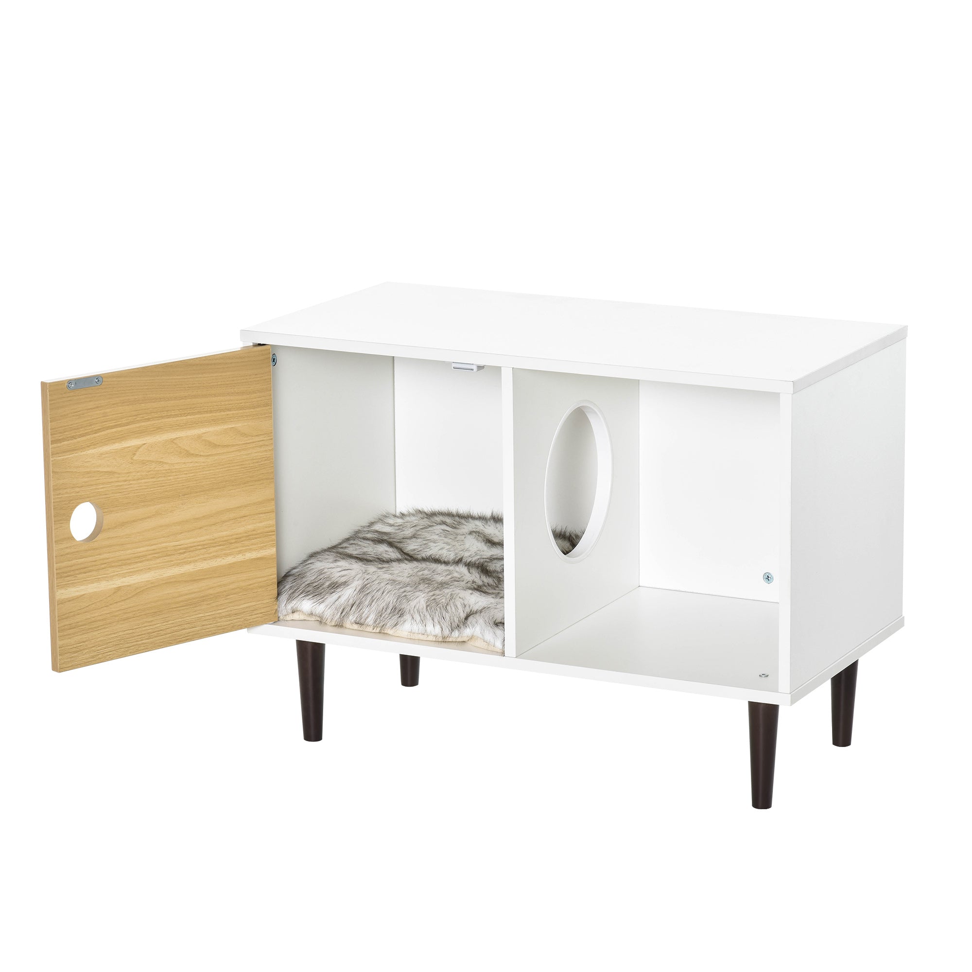 Wooden Cat House with Soft Cushion, Decorative Kitten Condo Side Table, Elevated Pet House with Storage Space - 5 - CJ