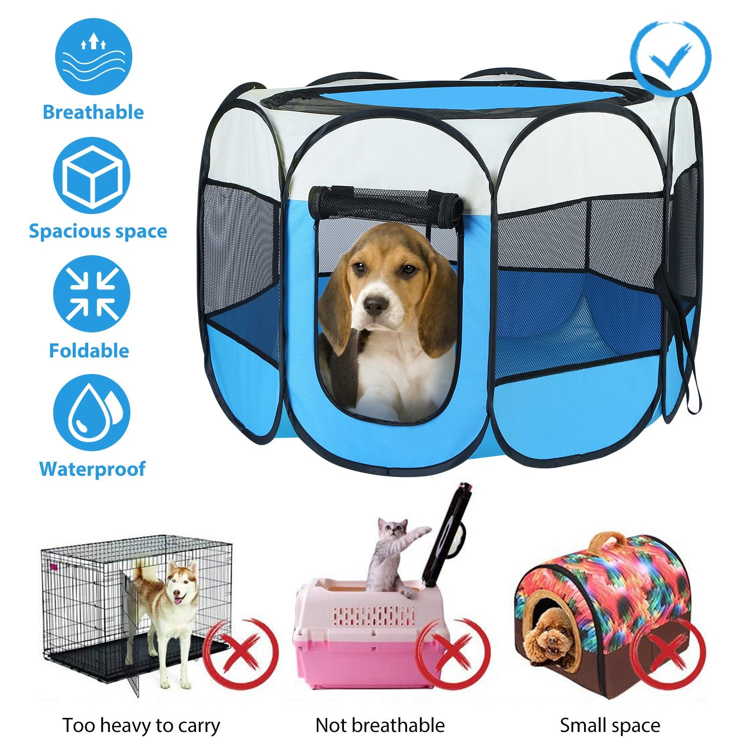 Pink - Blue Options - 1Pc Portable Foldable Pet Tent Exercise Pen Kennel Removable Zipper Top And Bottom Water Resistant Indoor Outdoor Use For Dogs Cats Other Pets - 5 - CJ