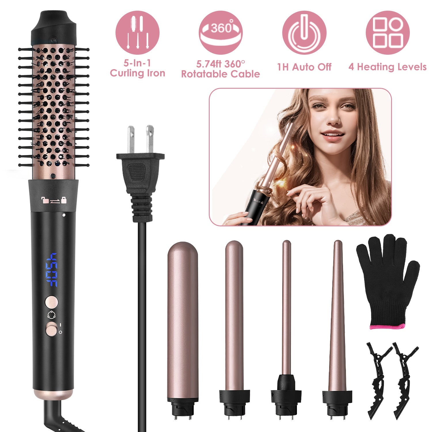 2 Type Options - 1Pc 5 In 1 Curling Wand Hair Curling Iron Brush Anti - Tangle Hair Thermal Brush Curler With 4 Heating Levels 360 Degree Rotatable Cable 5 Interchangeable Barrels 2 Clips 1H Auto Off - 5 - cjdropshipping