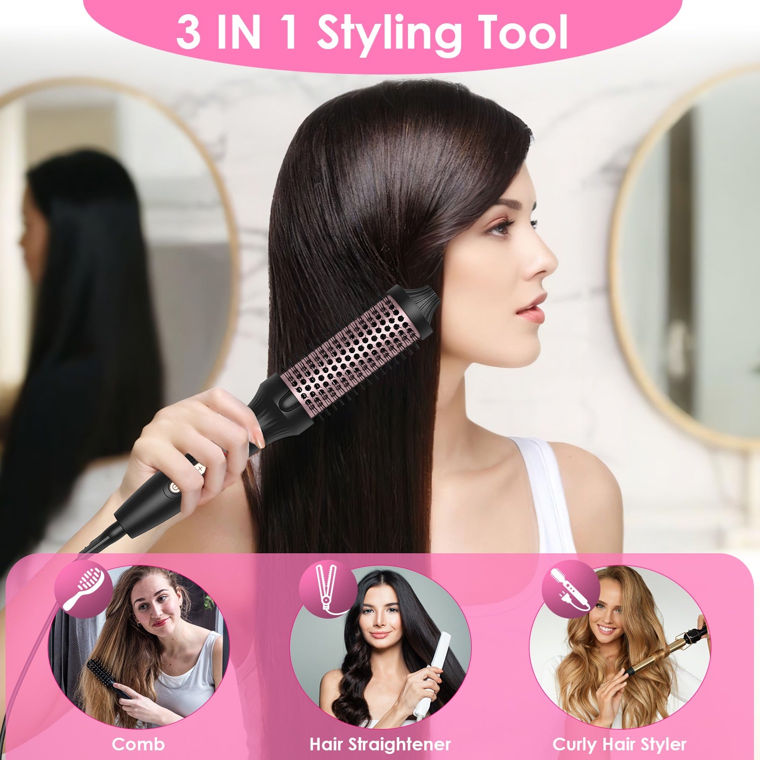 1Pc 3 In 1 Thermal Brush Hair Curler Brush Hair Curler Straightener With 10 Heating Levels 30S Fast Heating Fit For All Hair Types For Home Travel - 5 - CJ