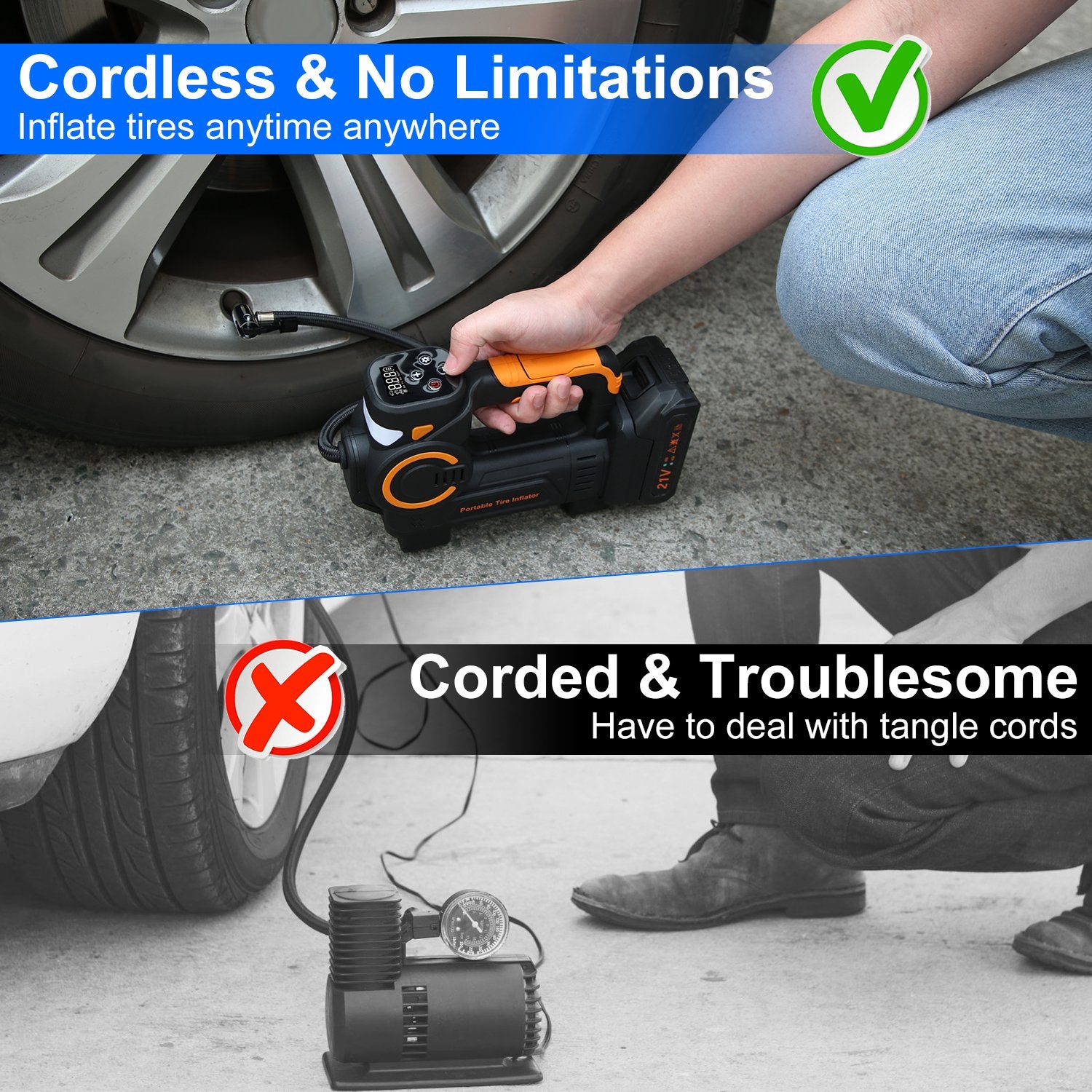 1Pc 140W 150PSI 21V Battery Powered Tire Inflator Cordless Air Inflator Digital Air Compressor With LED Light For Cars Motorcycles Bicycles Balls - 5 - cjdropshipping