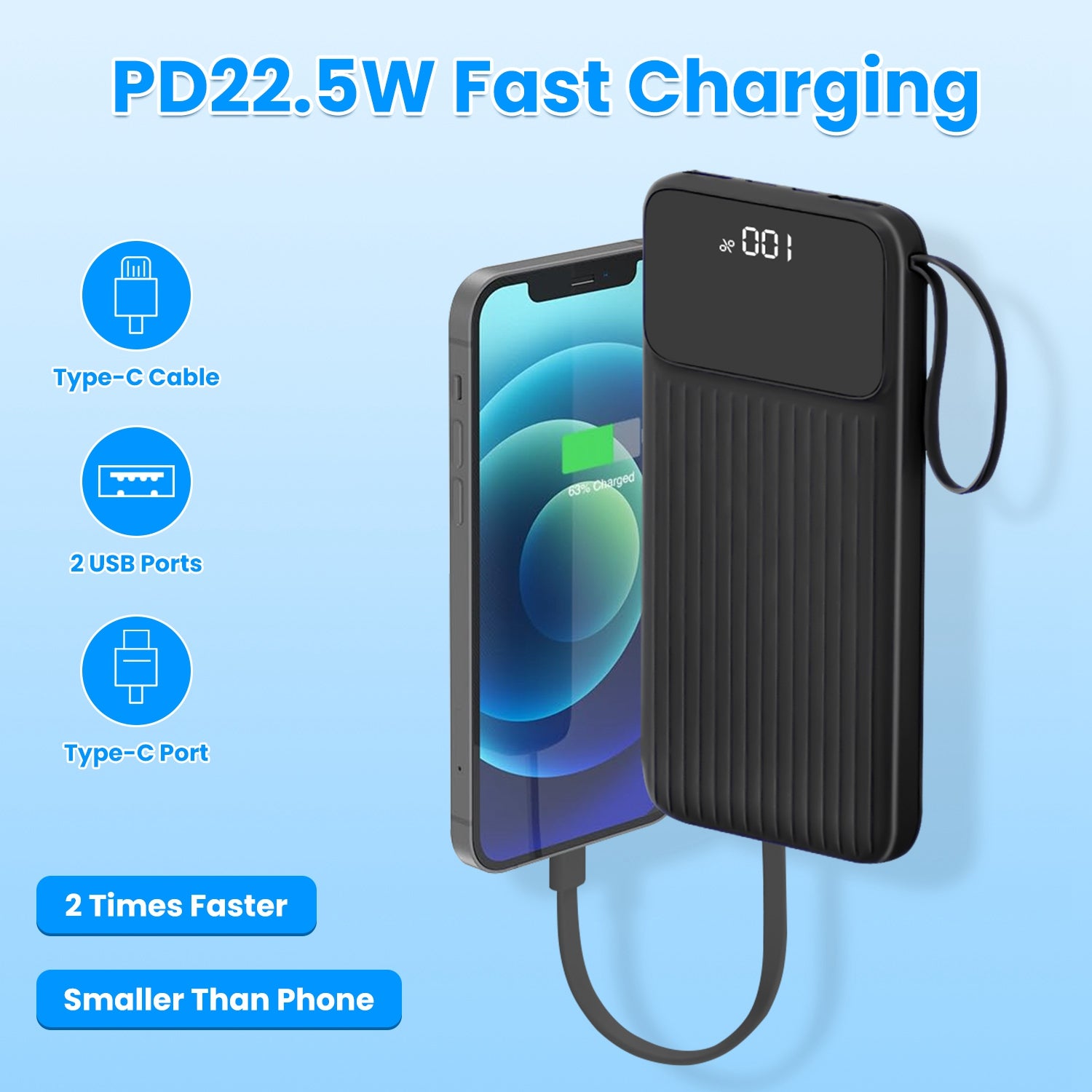 1Pc PD22W Fast Charger 20000mAh Fast Charging Power Bank Portable Charger With 4 Inbuilt Cables Digital Display Handle Fit For IOSPhone 15 14 Android And More - 5 - CJ