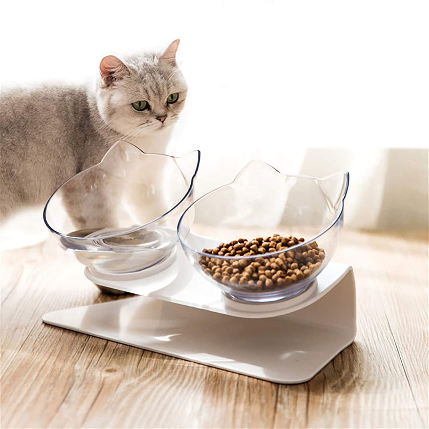 Non Slip Double Cat Bowl With Raised Stand Pet Food Cat Feeder Protect Cervical Vertebra Dog Bowl Transparent Pet Products - 0 - CJ
