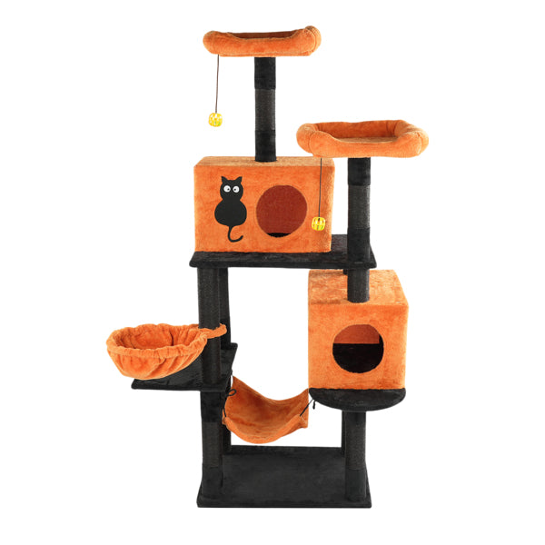 Halloween Cat Tree, Large Cat Tower With 2 Spacious Cat Condos, 2 Padded Perches, 2 Hammocks, Scratching Posts, Hanging Toy, Multi - Level Cat Activities Furniture For Large Cats, Orange & Black - 5 - CJ