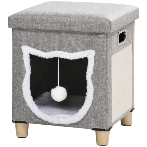 PawHut Cat House Cave, Cat Bed Cube With Scratching Pad, Soft Detachable & Washable Cushion, Toy Ball, For Indoor Kittens, Grey - 5 - CJ