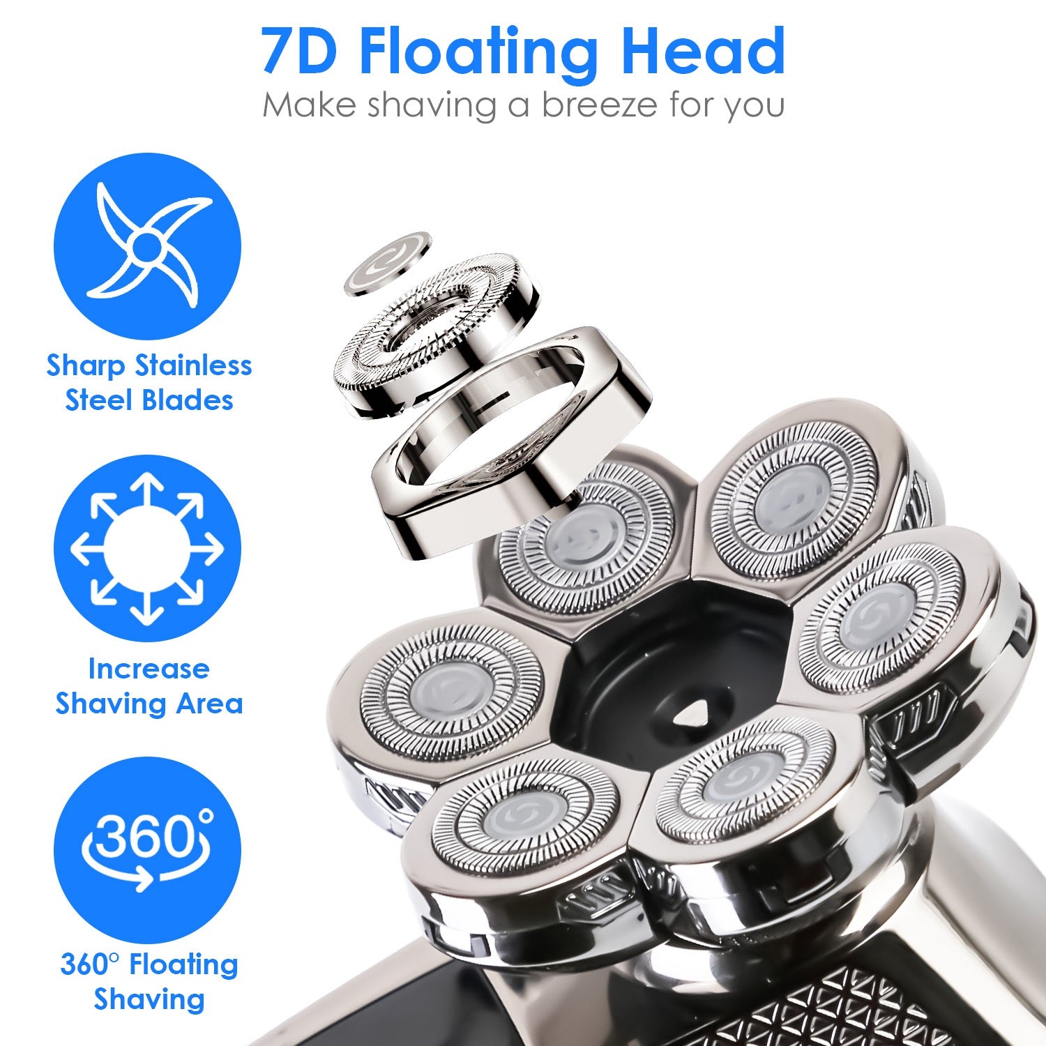 1Pc Head Shavers For Bald Men 5 In 1 7D Electric Rotary Razor Rechargeable Cordless Head Beard Trimmer Shaver Kit IPX6 Waterproof Dry Wet Grooming Kit With 3 Combs - 5 - CJ