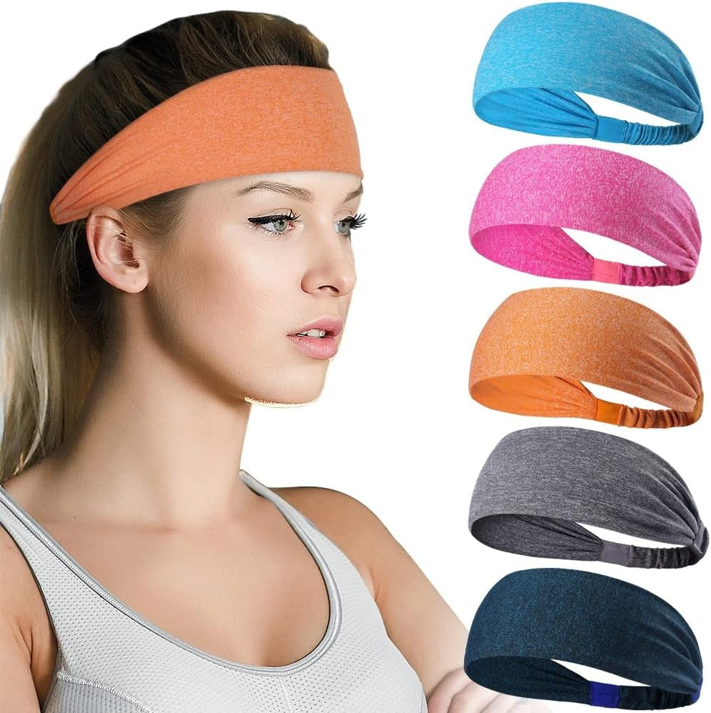 Sports Headbands For Men & Women - 5 Pack, Wicking Sweatbands, Elastic Non Slip Sweat Bands, Athletic Workout Fashion Wide Hair Bands For Running, Cycling, Basketball, Yoga - 5 - CJ