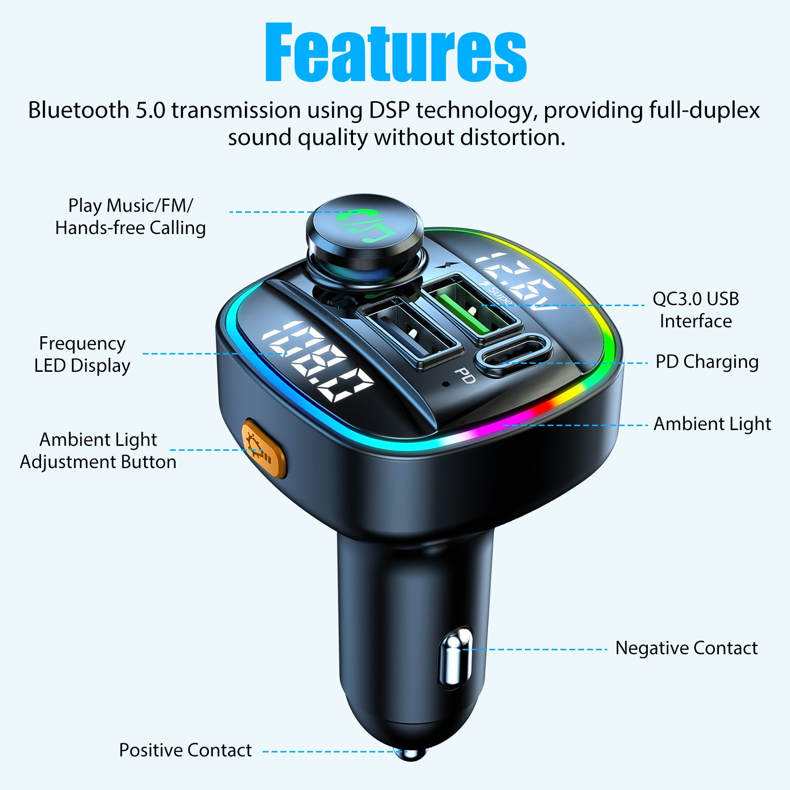 Bluetooth 5.0 Car Wireless FM Transmitter Adapter USB PD Charger AUX Hands - Free Noise Reduction Audio Receiver Car Kit Handsfree Dual - 5 - CJ