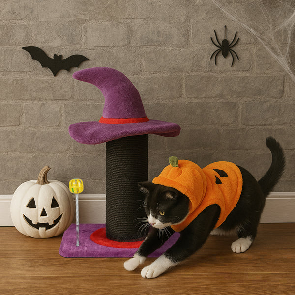 Wizard Hat Cat Scratching Post With Spring Ball Toy For Indoor Cats, Halloween Spooky Cat Scratcher, Purple - 5 - CJ