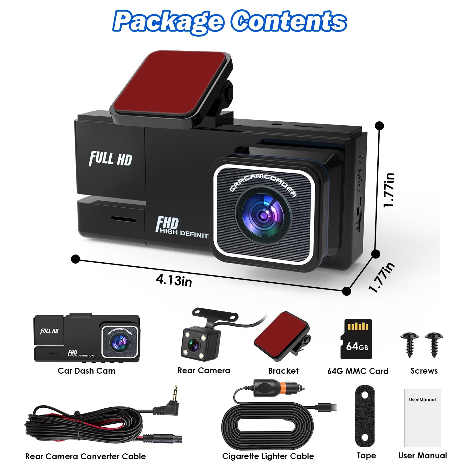1Pc WiFi FHD 1080P Car Dash Cam 3 Channels Front Rear Inside Dash Camera With Loop Recording Reversing Image Night Vision 170 Degree Wide Angle Support 64G MMC Card Included - 5.0 - CJ