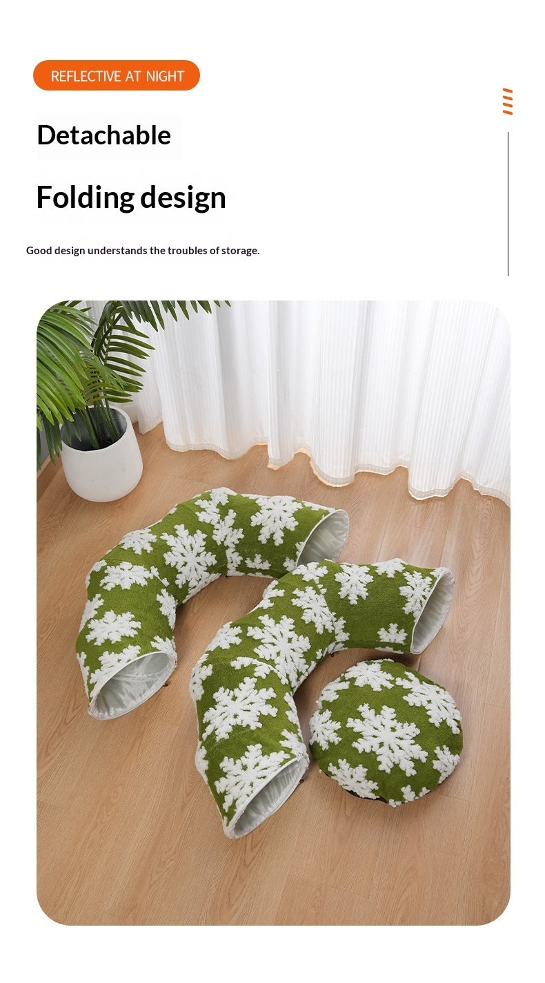 Christmas - style Pet Tunnel Bed, Green Snowflakes - 0 - CJ