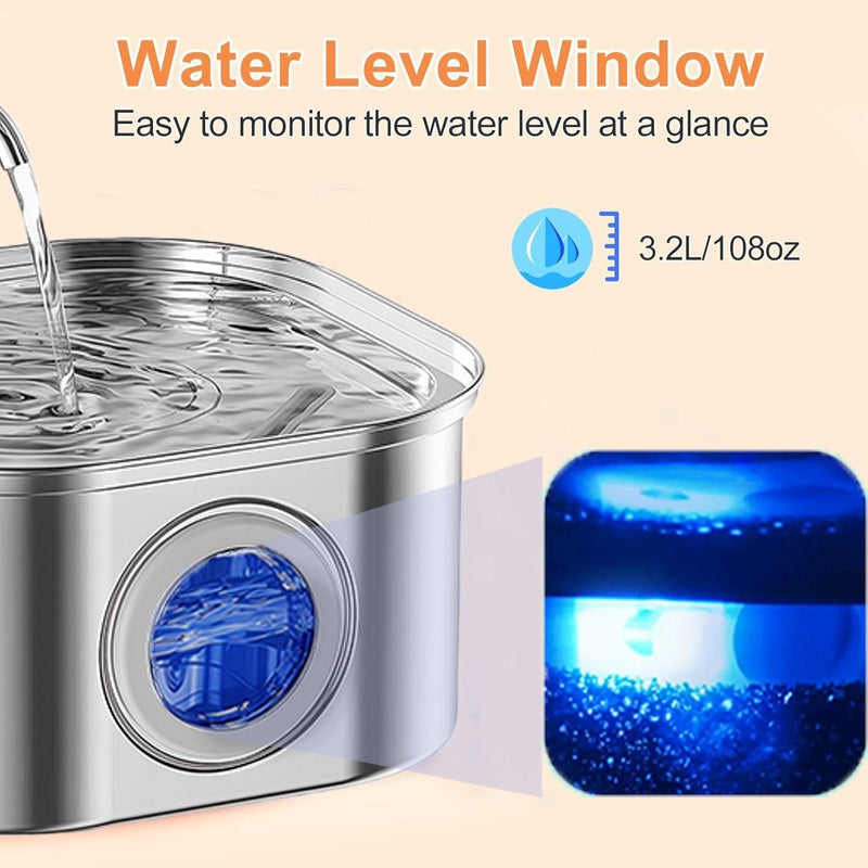 Cat Water Fountain Stainless Steel,108oz 3.2L Cat Fountain For Drinking - Pet Water Fountain Inside - Automatic Dog Watering Dispenser Bowl - Pet Feeding & Watering Supplies - Water Level Window - 5 - CJ
