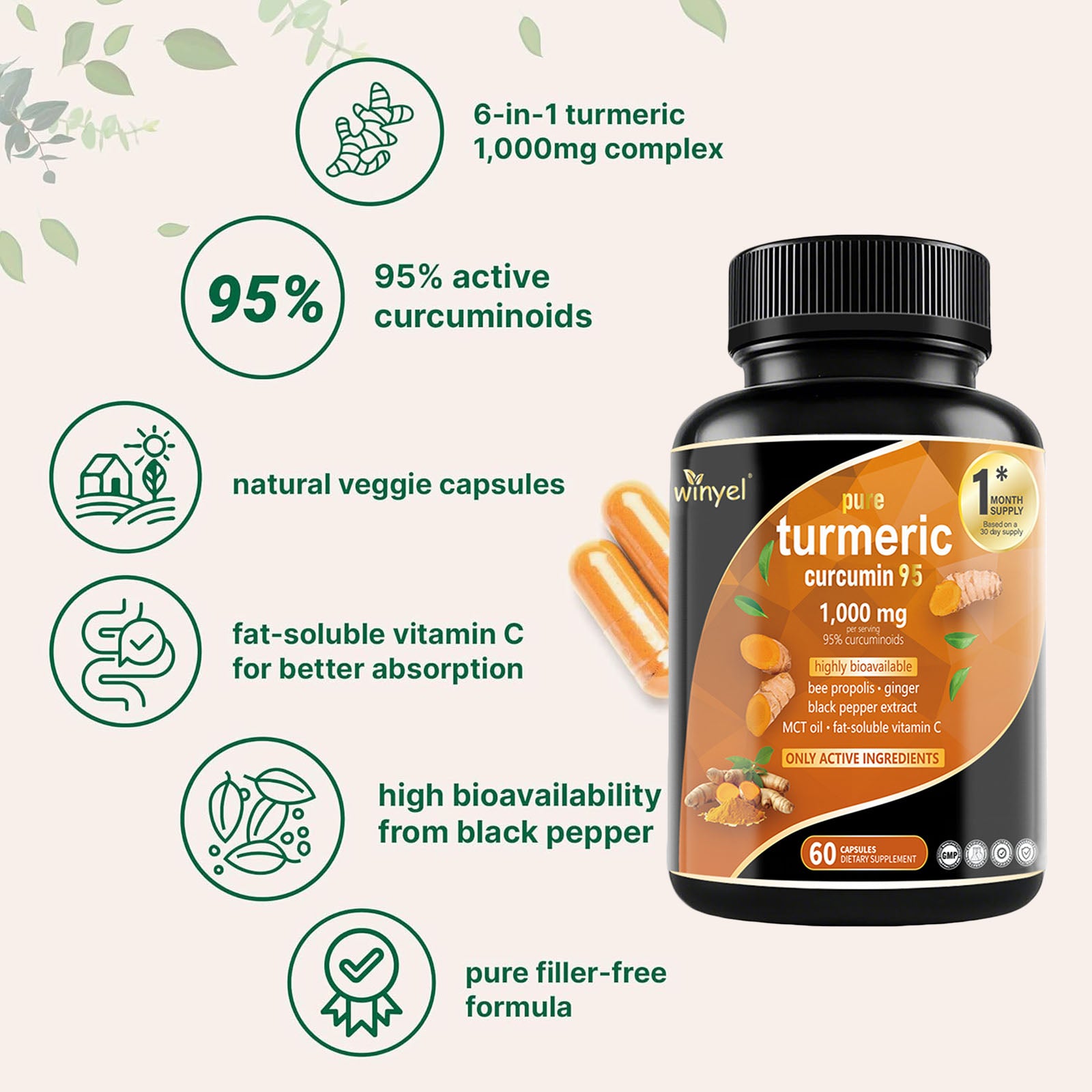 Premium Turmeric Curcumin Supplements 1000mg - Great Absorption Rate - Supports Heart, Brain And Joint Health - 60 Capsules - 5 - CJ