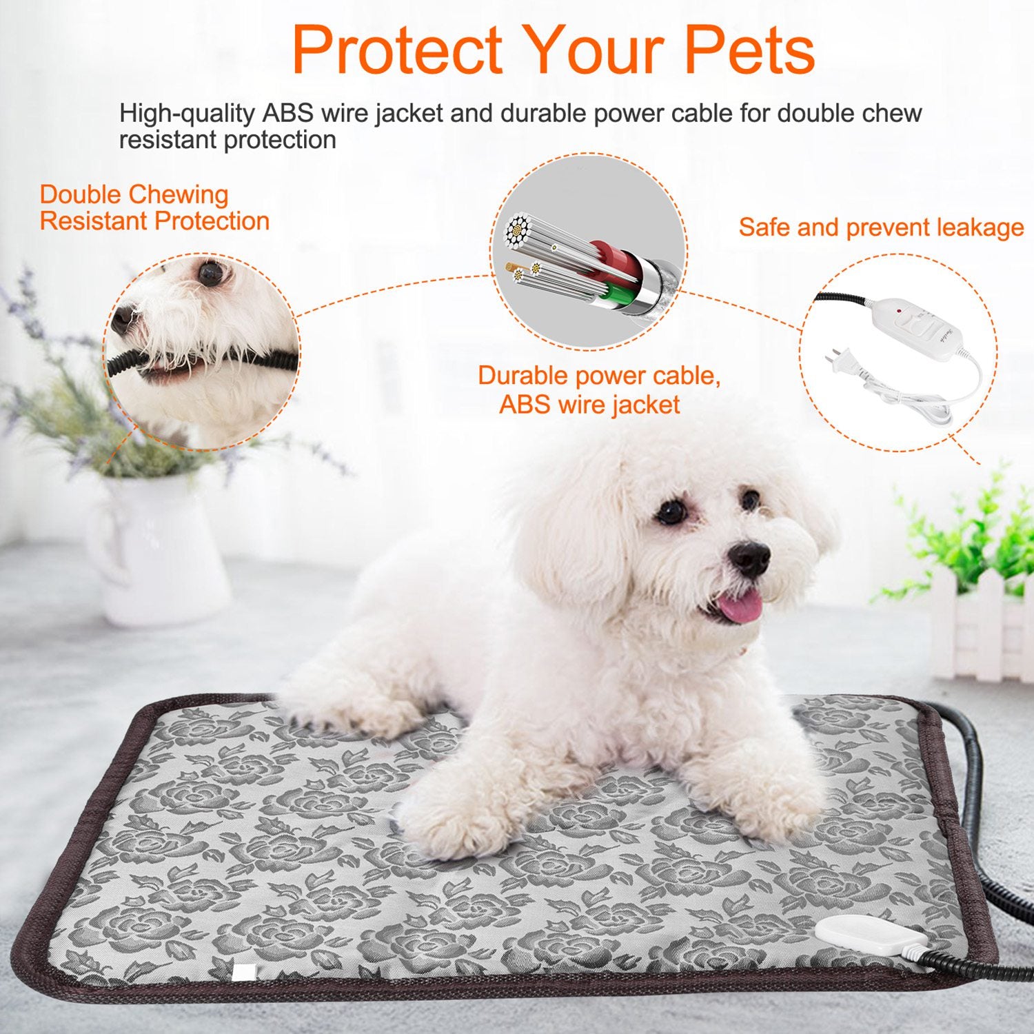 1Pc Pet Heating Pad Dog Cat Electric Heating Mat Waterproof Adjustable Warming Blanket With Chew Resistant Steel Cord Case - 5 - CJ