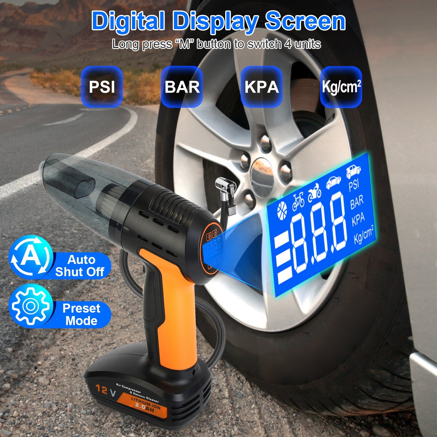 1Pc 4 In 1 Cordless Car Vacuum Cleaner And Tire Inflator With LED Light Digital Display Tire Pressure Gauge 150PSI Rechargeable Air Compressor Pump Essential Car Accessories - 5 - CJ