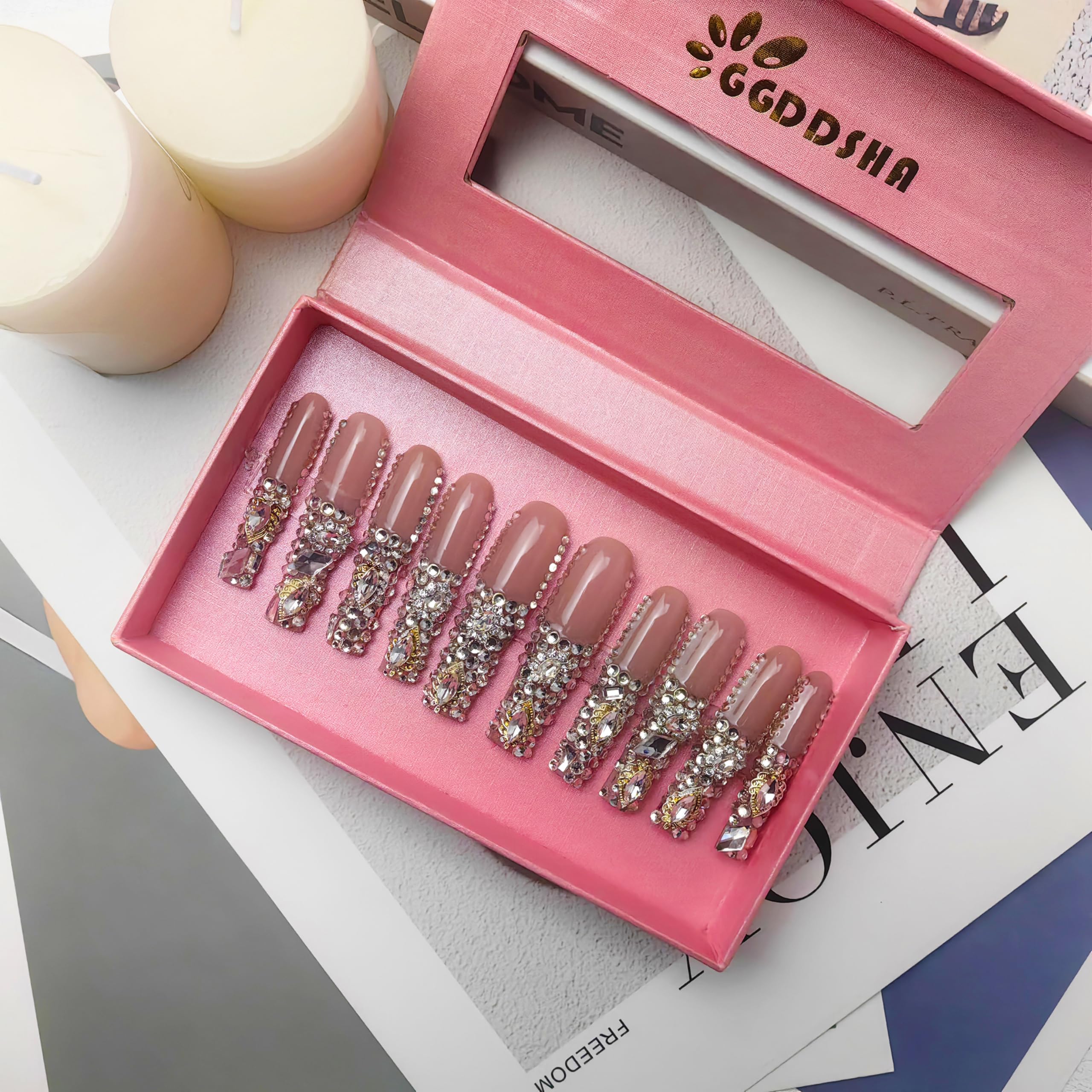 GGddsha New PMMA Acrylic Press On Nails StunningBling Nails, Rhinestone Fake Nails, Glitter Rhinestone NailsGradient Fake NailsCrystal Cascade - 5 - CJ