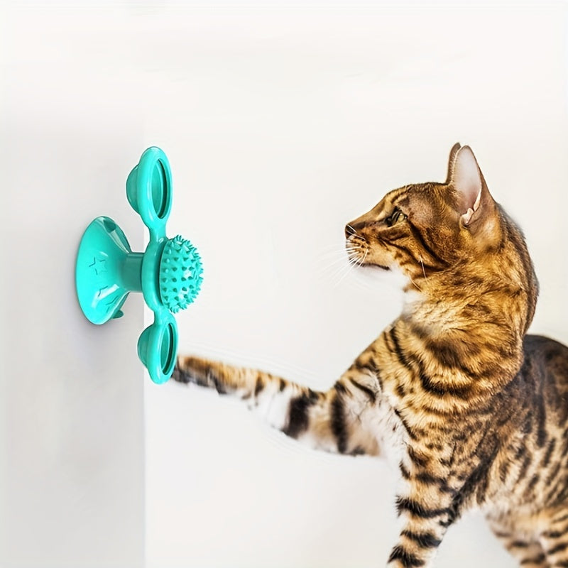 New Windmill Cat Toys Cute Rotating Interactive Cat Toy - Indoor Windmill Cat Toy With Suction Cup Catnip & Jagged Teeth Middle Ball, Smart Kitten Rotating Spinner Exercise Toy, Toothbrush & Massager - 5 - CJ